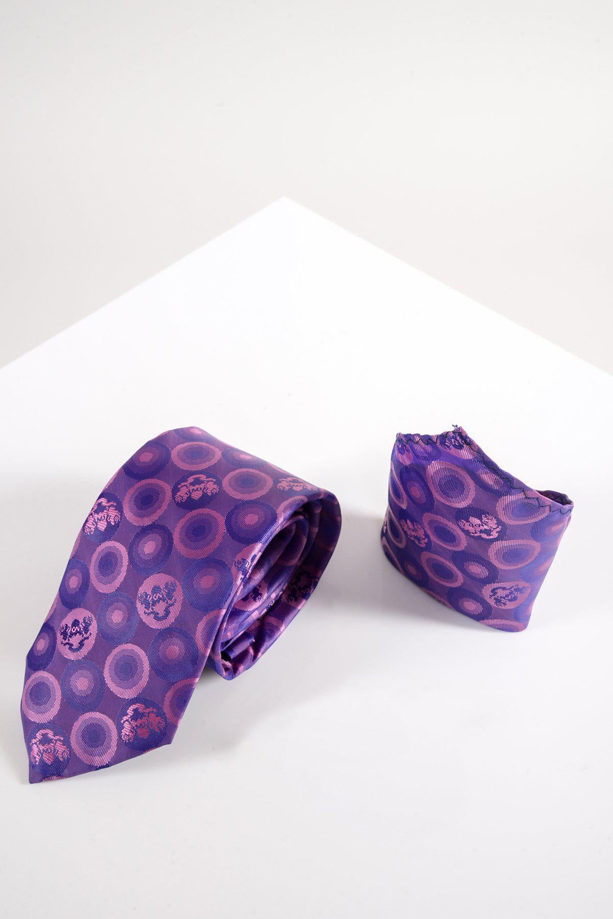 The Marc Darcy BUBBLES Purple Bubble Circle Print Tie & Pocket Square features a vibrant circle pattern, ideal for formal events.