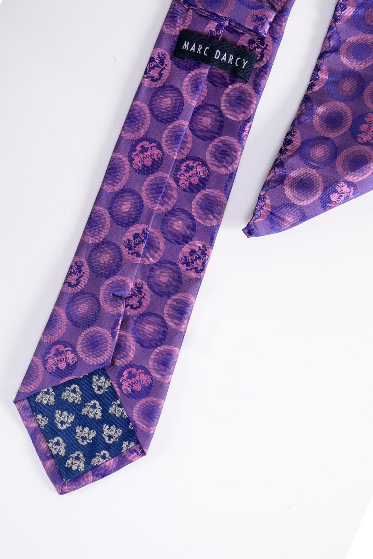 The Marc Darcy BUBBLES Purple Bubble Circle Print Tie & Pocket Square features a purple design with circular patterns and signature branding.