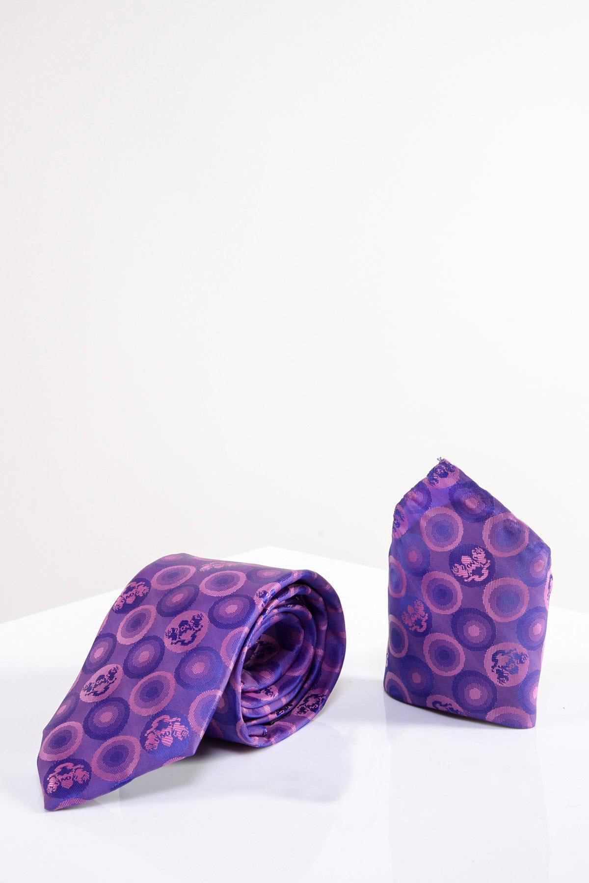The BUBBLES Purple Bubble Circle Print Tie & Pocket Square by Marc Darcy features a unique circle pattern, ideal for formal occasions.