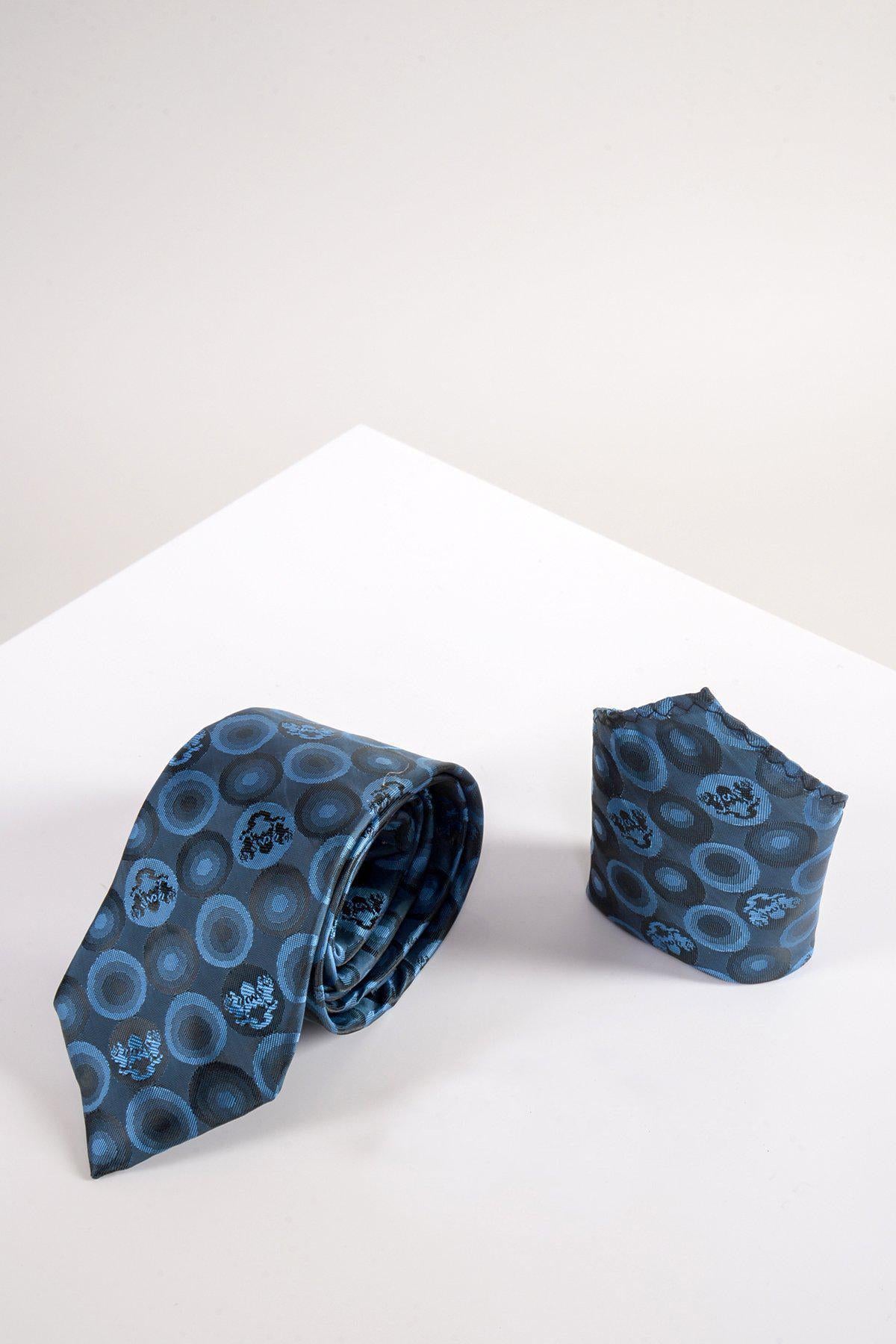 The Marc Darcy BUBBLES - Sky Teal Bubble Circle Print Tie and Pocket Square Set is displayed on a white surface against a light background.