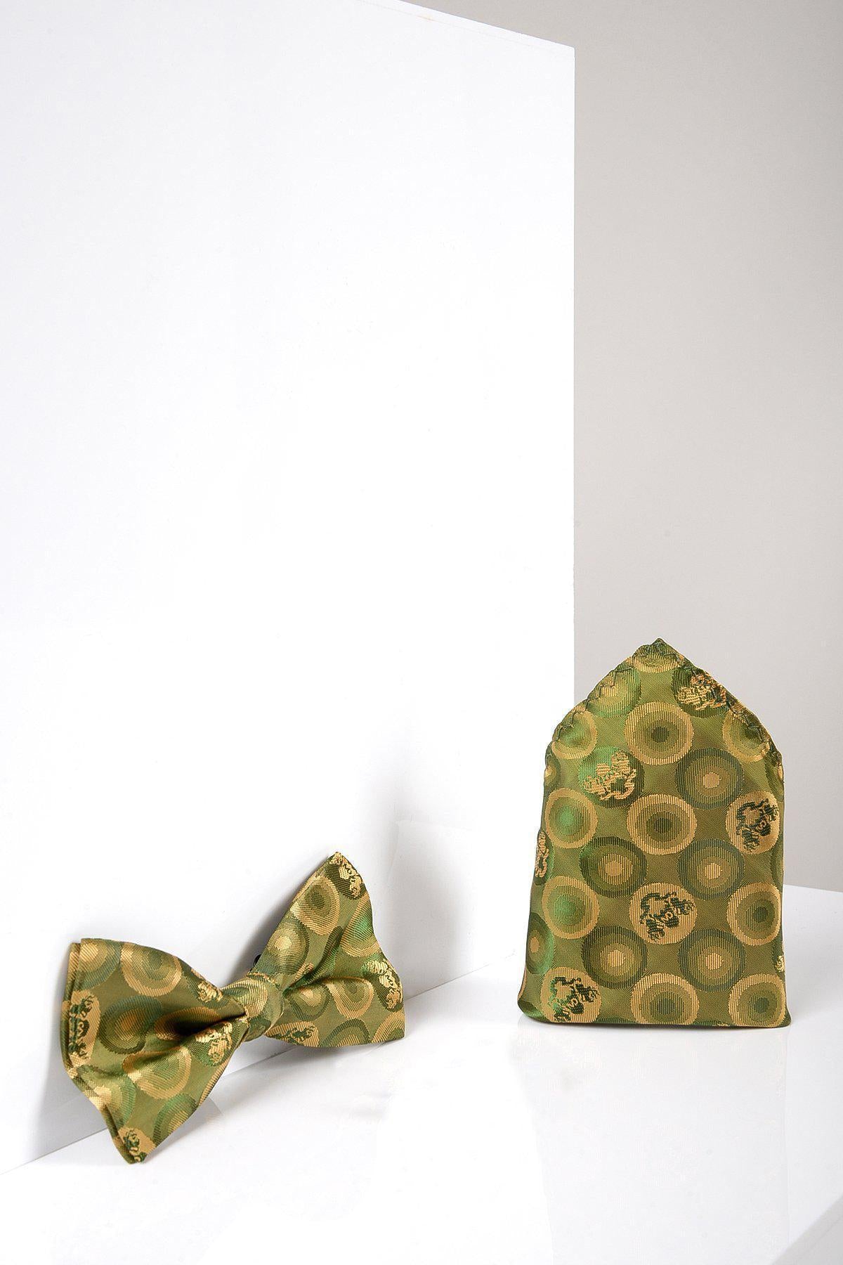 The Marc Darcy BUBBLES Tan Bubble Circle Print Bow Tie and Pocket Square Set features a silk-style fabric with circular designs, displayed on a white and light gray background.