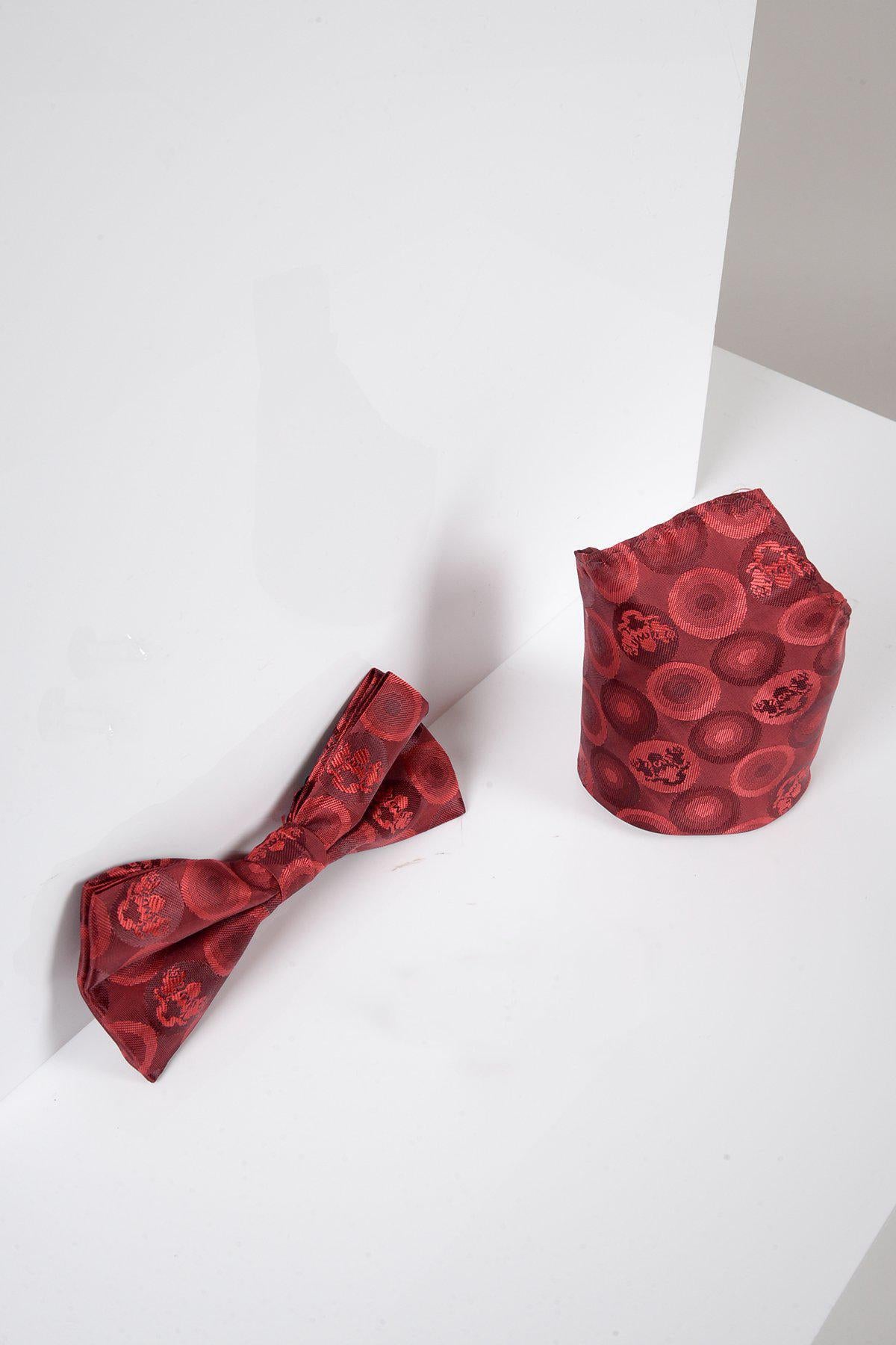 The Marc Darcy BUBBLES - Wine Bubble Circle Print Bow Tie and Pocket Square Set rests on a white surface, showcasing an elegant formal accessory.