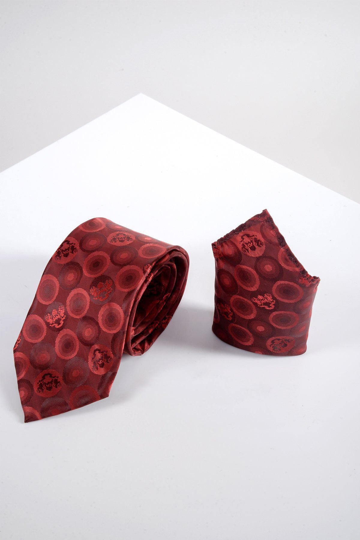 The Marc Darcy BUBBLES Wine Bubble Circle Print Tie and Pocket Square Set adds a stylish touch to formalwear, displayed elegantly on a white surface.