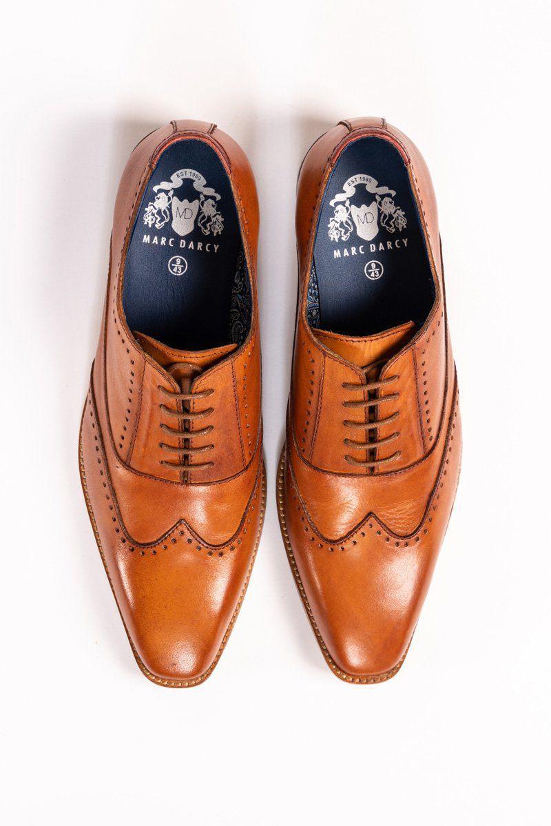 The Marc Darcy CARSON Mid Tan Wingtip Oxford Brogue Shoe, crafted from full grain leather with decorative perforations and laces, is displayed side by side on a white background.