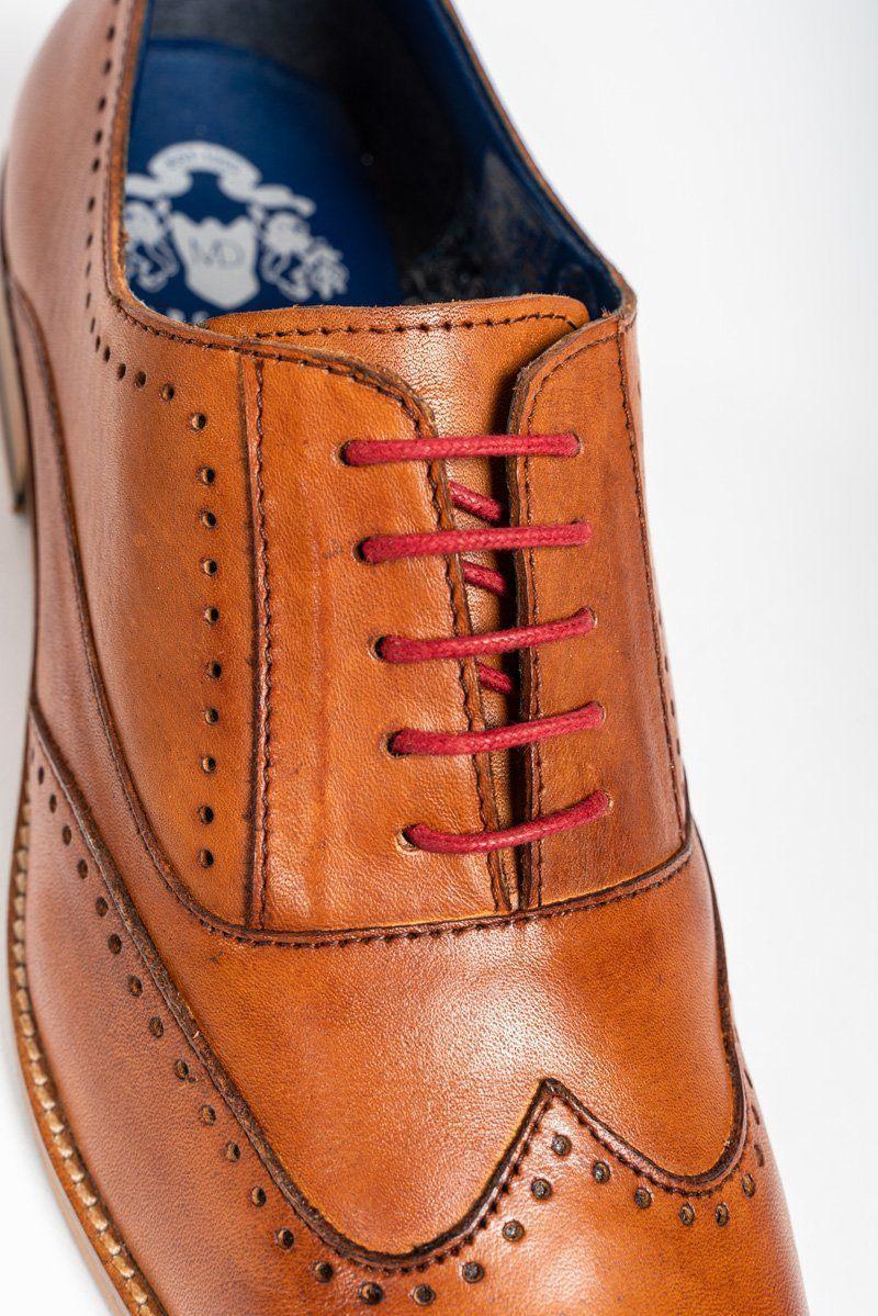 Close-up of the Marc Darcy CARSON Mid Tan Wingtip Oxford Brogue Shoe, featuring full grain leather, red laces, and detailed stitching.