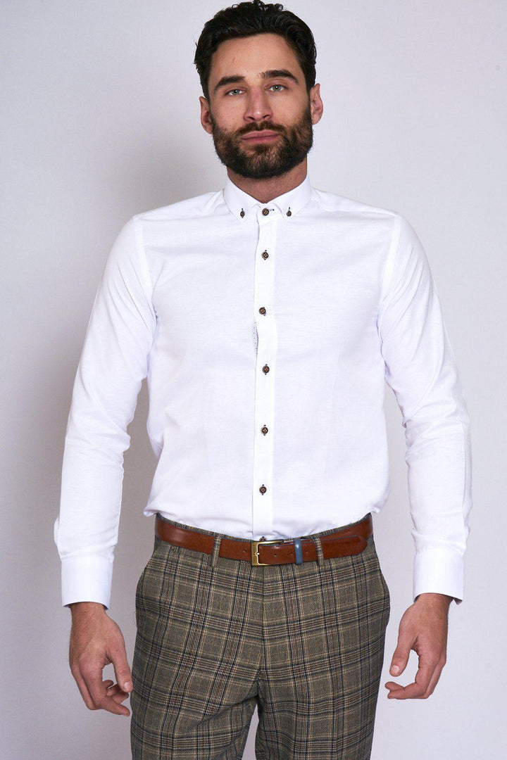 CHARLIE - White Oxford Shirt With Tan Buttons