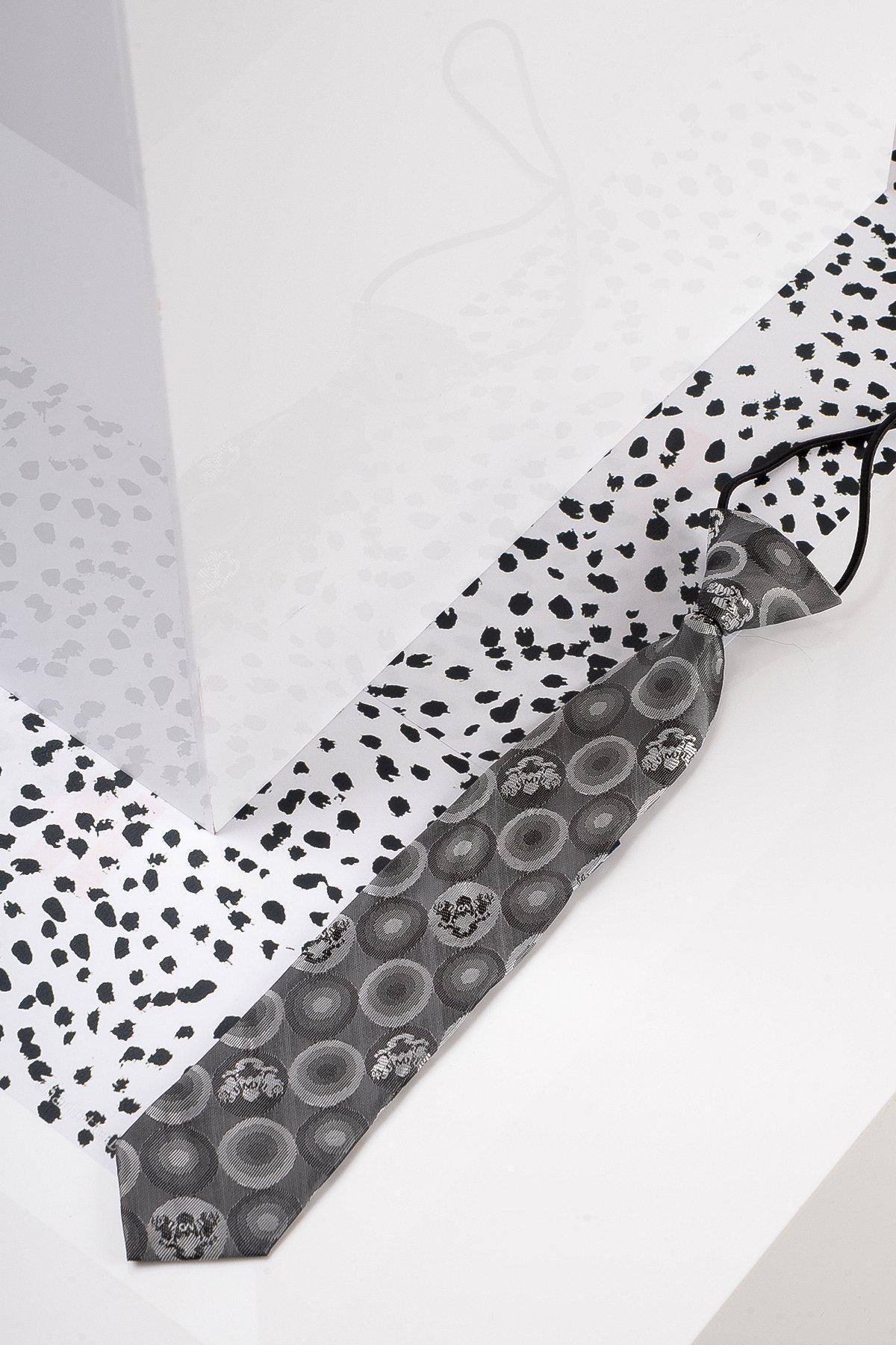 The Marc Darcy Children's Grey Bubble Circle Print Tie layers a bubble-print with white and black polka dots over gray circles and florals—perfect for kids' partywear or matching adult tie sets.