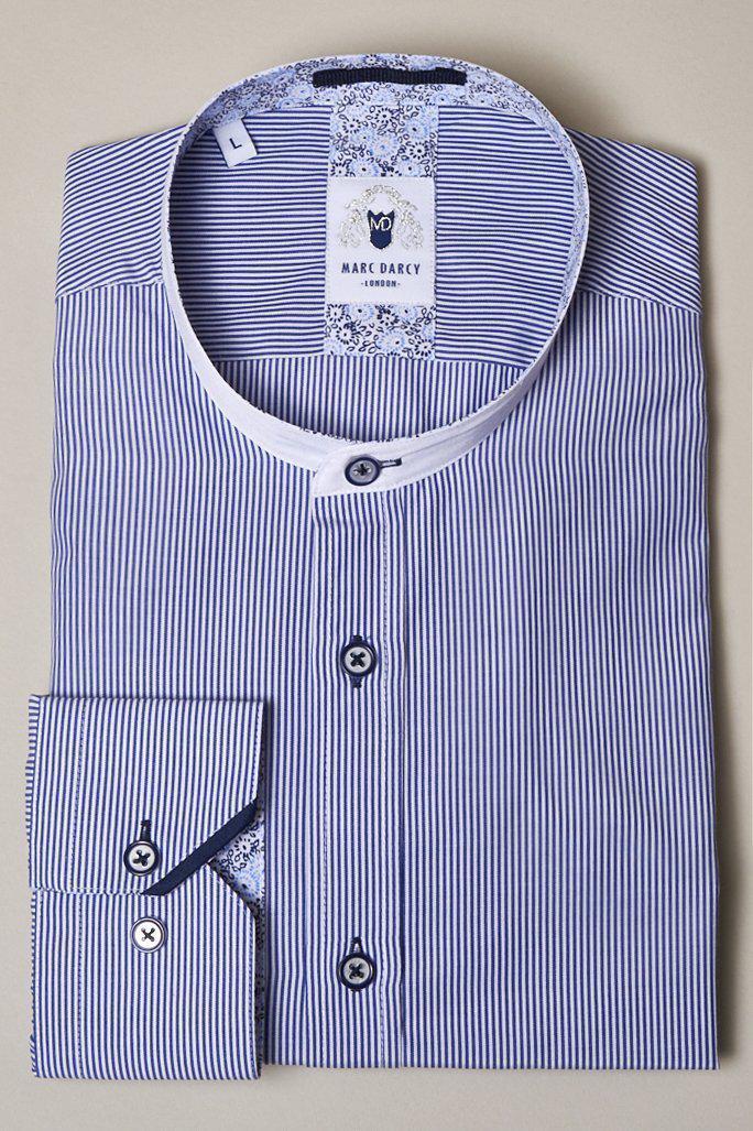 The COOPER Grandad Collar Navy Stripe Shirt by Marc Darcy features vintage blue and white pinstripes, a white grandad collar band, and floral inner collar lining—ideal for channeling Tommy Shelby style.