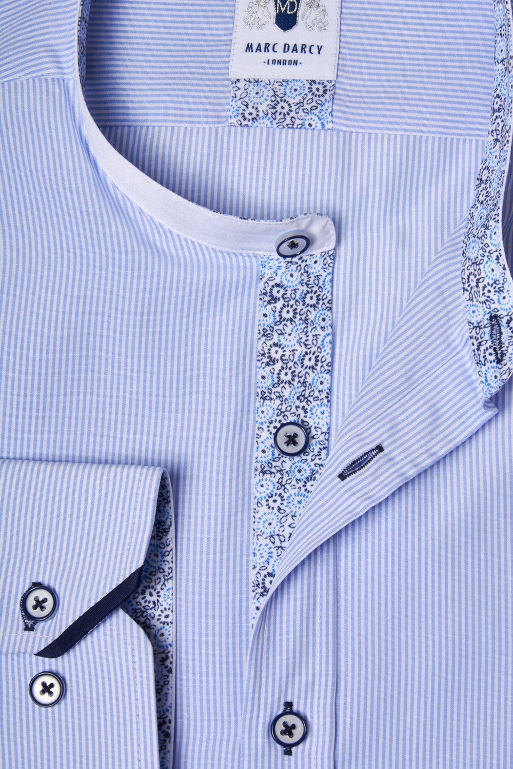 Close-up of the Marc Darcy COOPER Grandad Collar Sky Blue Stripe Shirt, showcasing blue and white pinstripes and a detailed patterned collar and placket.