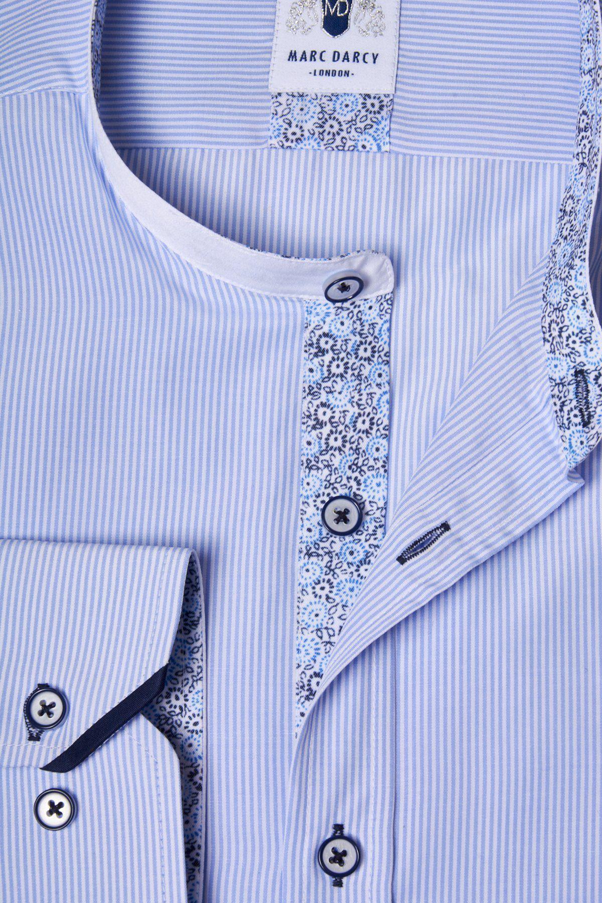 Close-up of the Marc Darcy COOPER Grandad Collar Sky Blue Stripe Shirt, showcasing blue and white pinstripes and a detailed patterned collar and placket.