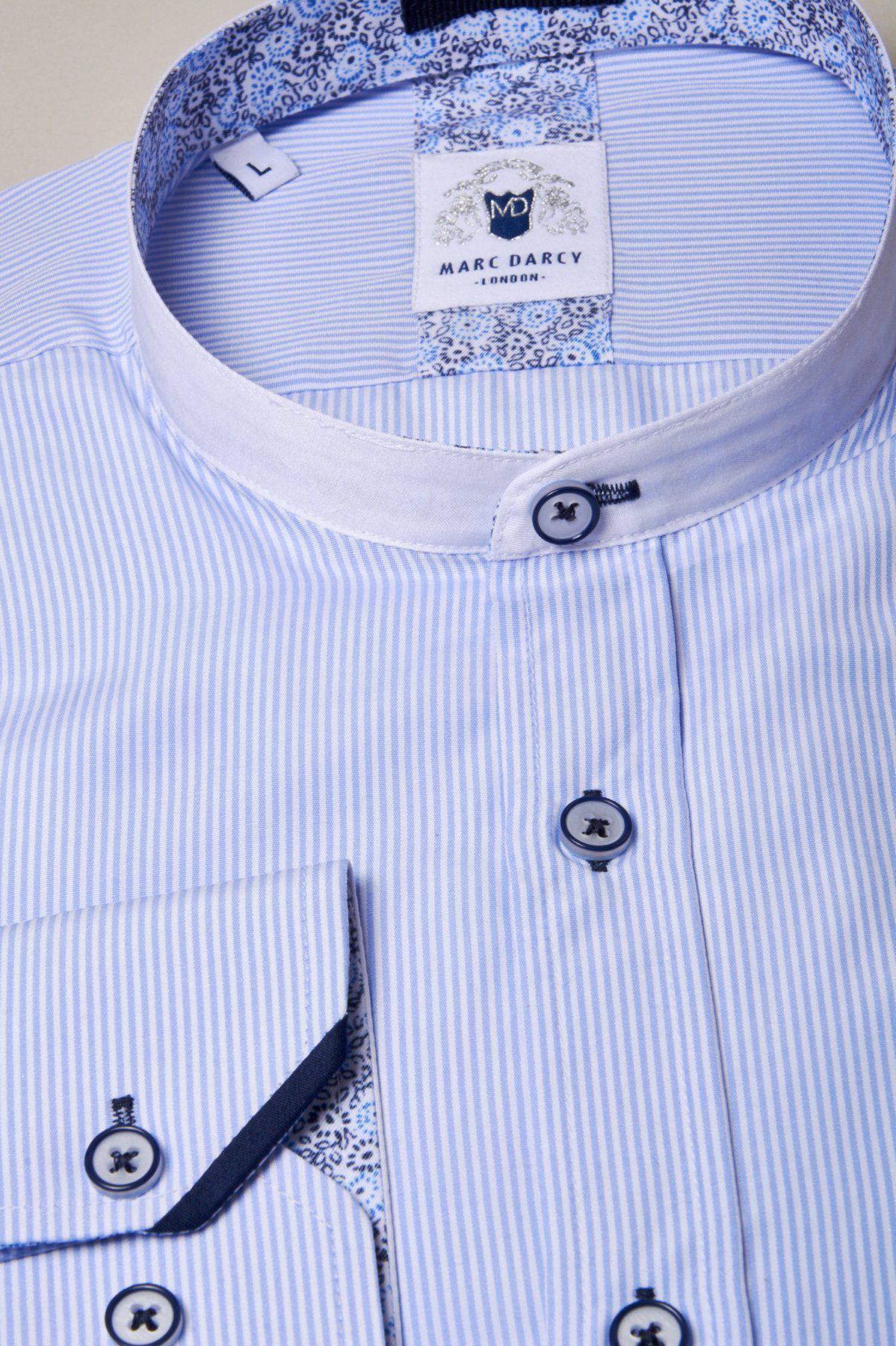 Close-up of the Marc Darcy COOPER Grandad Collar Sky Blue Stripe Shirt, featuring white trim and patterned accents on the inner collar and cuff.