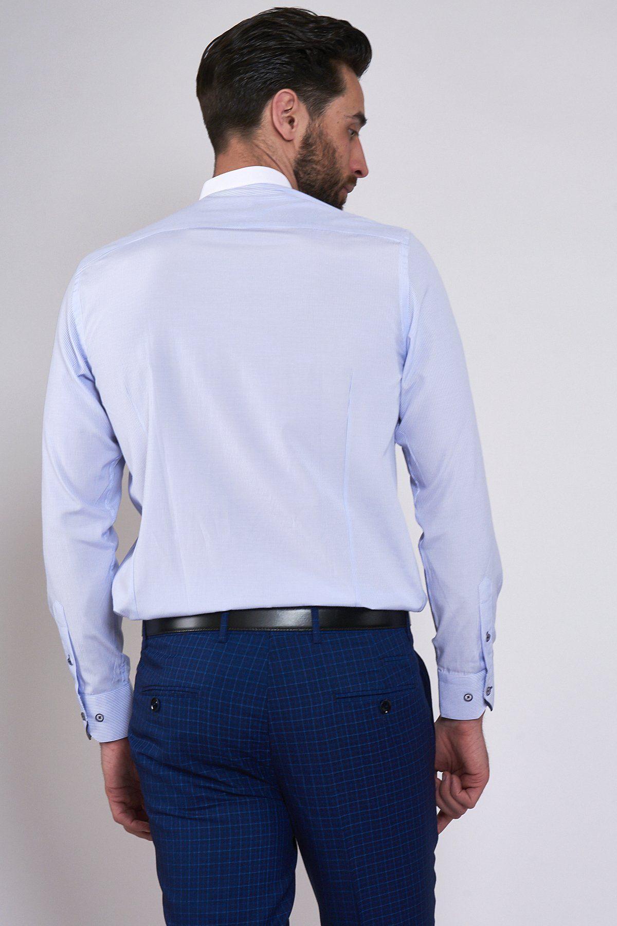 Back view of a man wearing the Marc Darcy COOPER Grandad Collar Sky Blue Stripe Shirt, paired with navy checkered pants and a black belt.