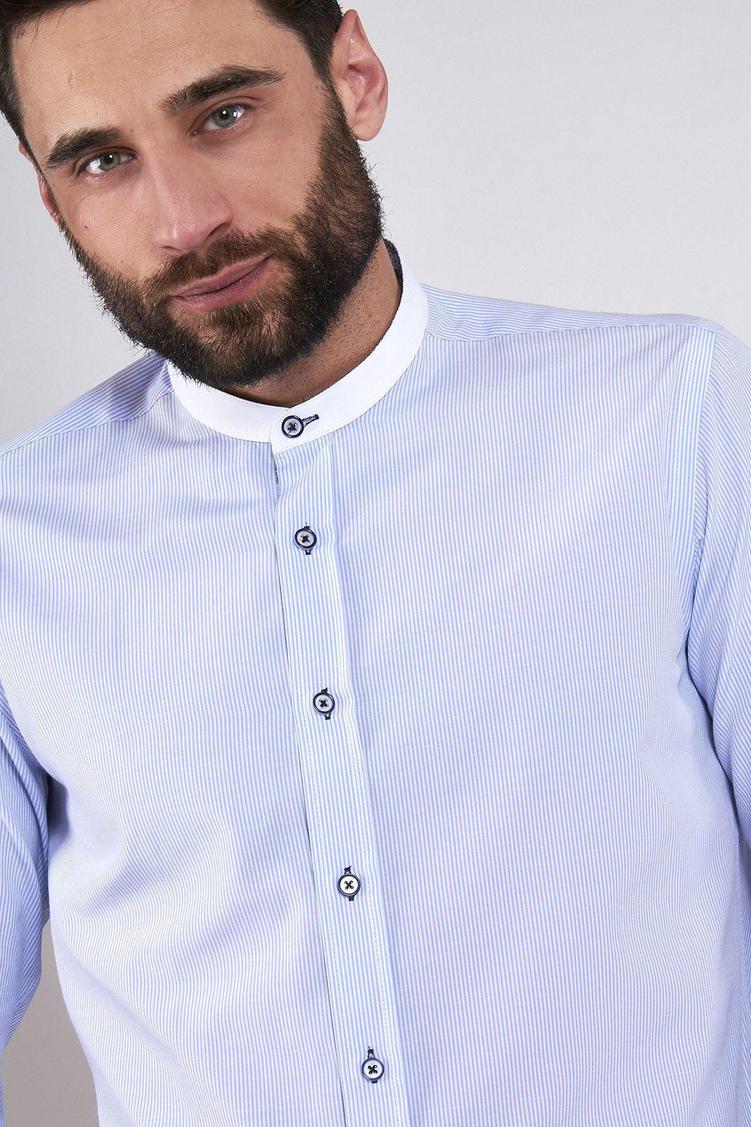 COOPER - Grandad Collar Sky Blue Stripe Shirt