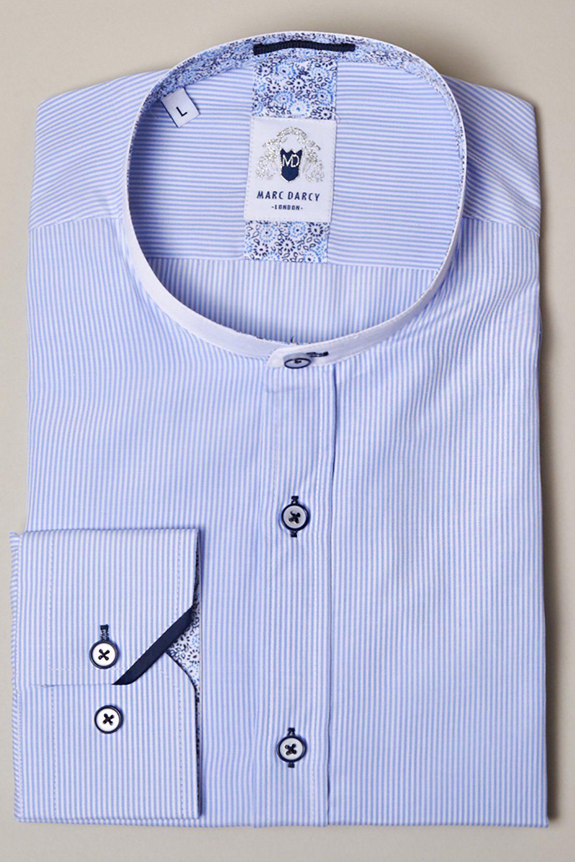 The COOPER Grandad Collar Sky Blue Stripe Shirt by Marc Darcy features a classic grandad collar and stylish blue and white stripes.