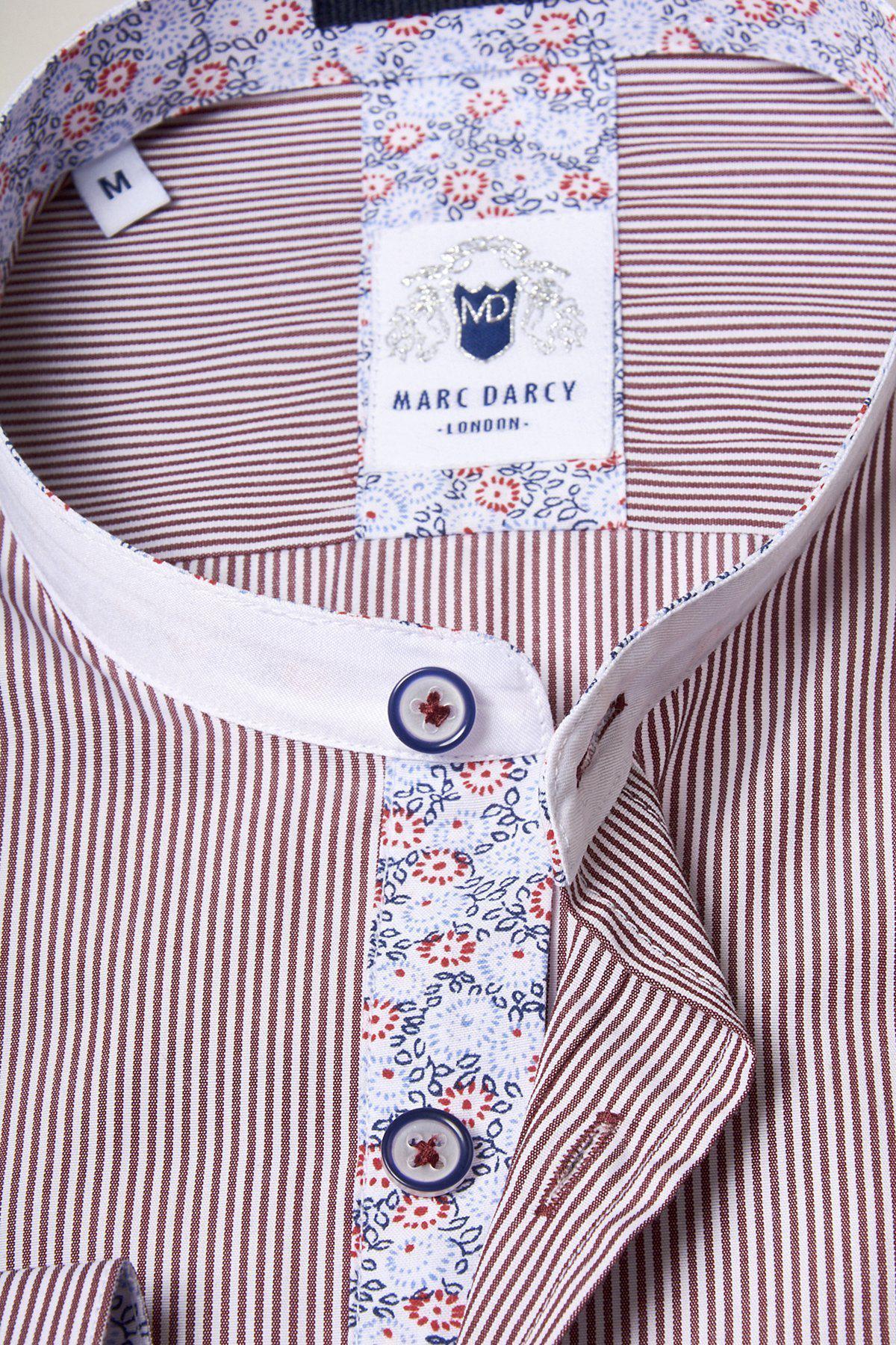A close-up of the Marc Darcy COOPER Grandad Collar Wine Stripe Shirt in size M, featuring vintage brown and white pinstripes, contrasting floral print placket, and collar lining for a Tommy Shelby-inspired look.
