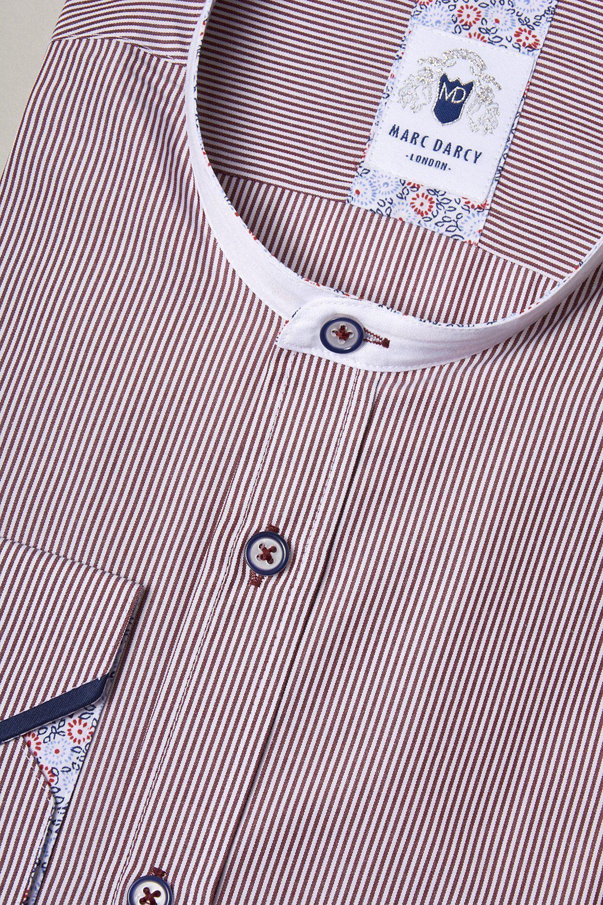Close-up of the COOPER - Grandad Collar Wine Stripe Shirt by Marc Darcy, featuring a maroon and white striped design with navy buttons and a grandad collar.