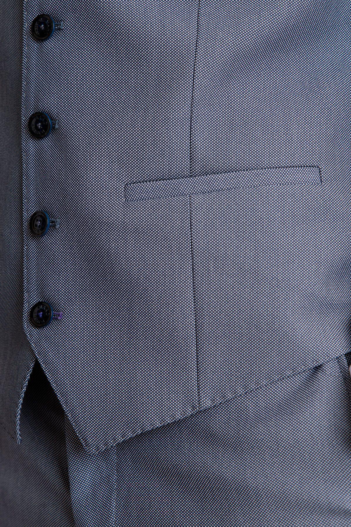 Close-up of the DANNY blue grey single breasted waistcoat by Marc Darcy, featuring black buttons, a welt pocket, and fine textured fabric—perfect for office wear.
