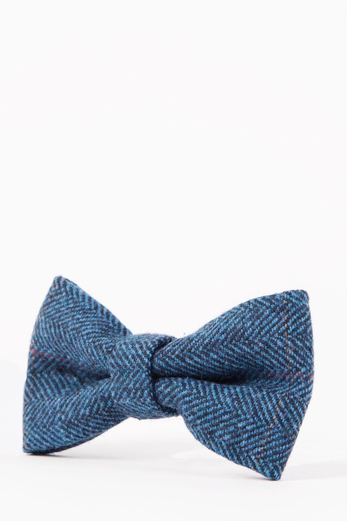 The Accessory DION Blue Tweed Check Bow Tie, featuring a subtle herringbone pattern, is ideal for a country wedding and shown here against a plain white background.