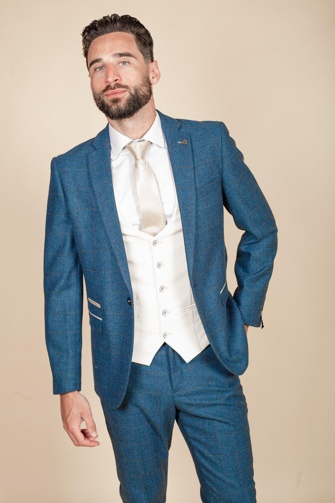 DION Blue Tweed Suit Kelvin Cream Waistcoat – Marc Darcy
