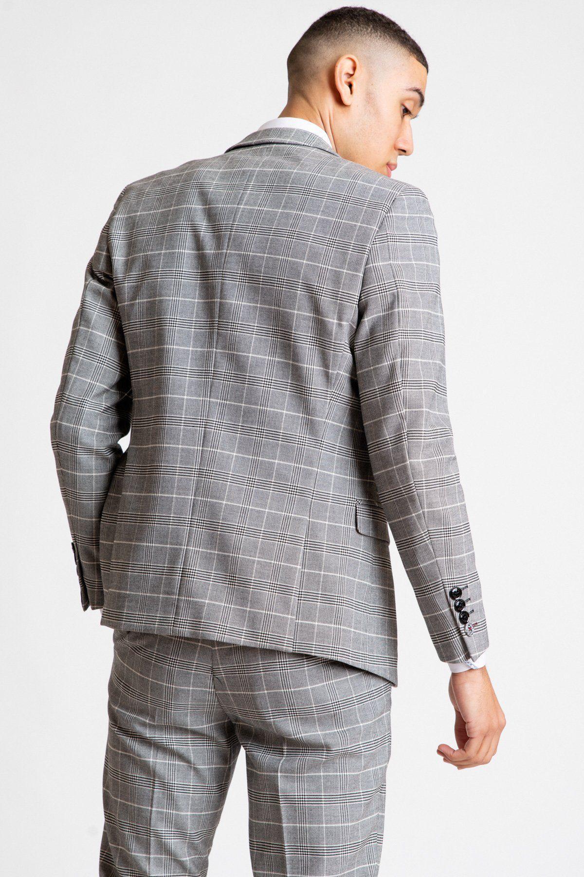 Man wearing Ross Grey Check Three Piece Suit - back view - Marc Darcy Menswear