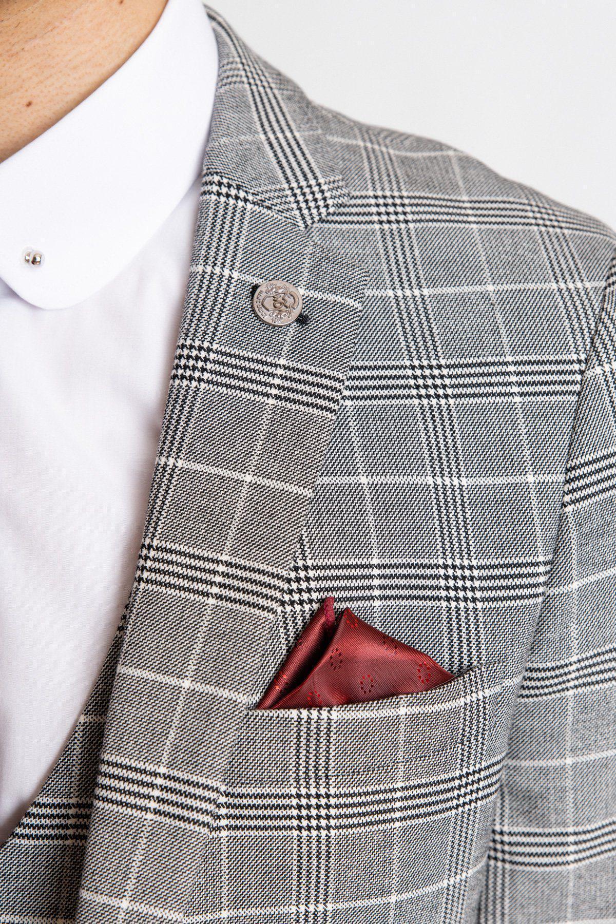 Man wearing Ross Grey Check Three Piece Suit - close up - Marc Darcy Menswear
