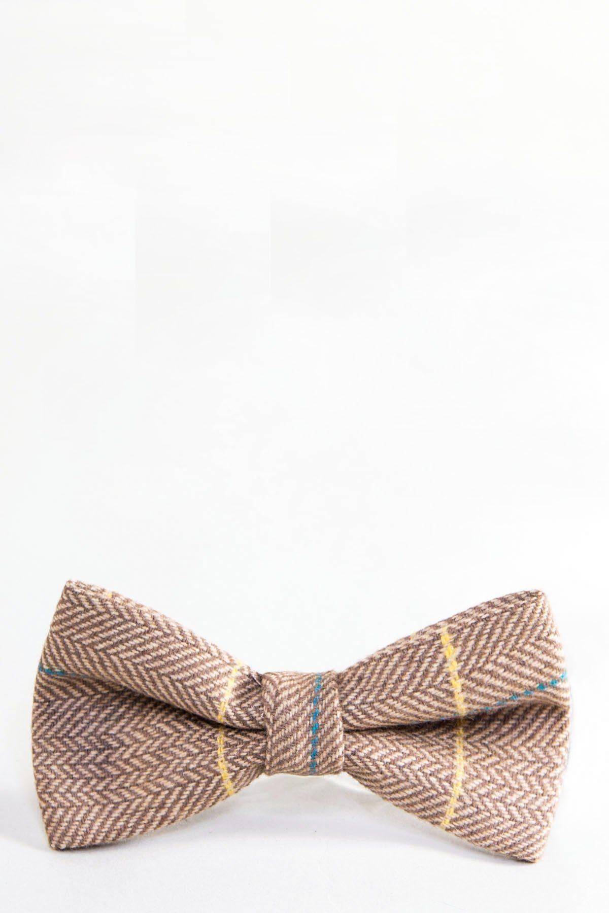 The Accessory DX7 - Oak Tweed Check Bow Tie features brown herringbone tweed with subtle yellow and blue lines, shown against a plain white background.