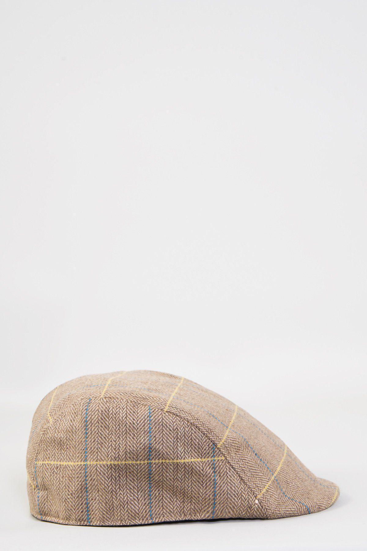 The DX7 - Oak Tweed Check Flat Cap by Accessory is a vintage-style brown herringbone cap with blue and yellow checked lines, displayed on a plain white background.