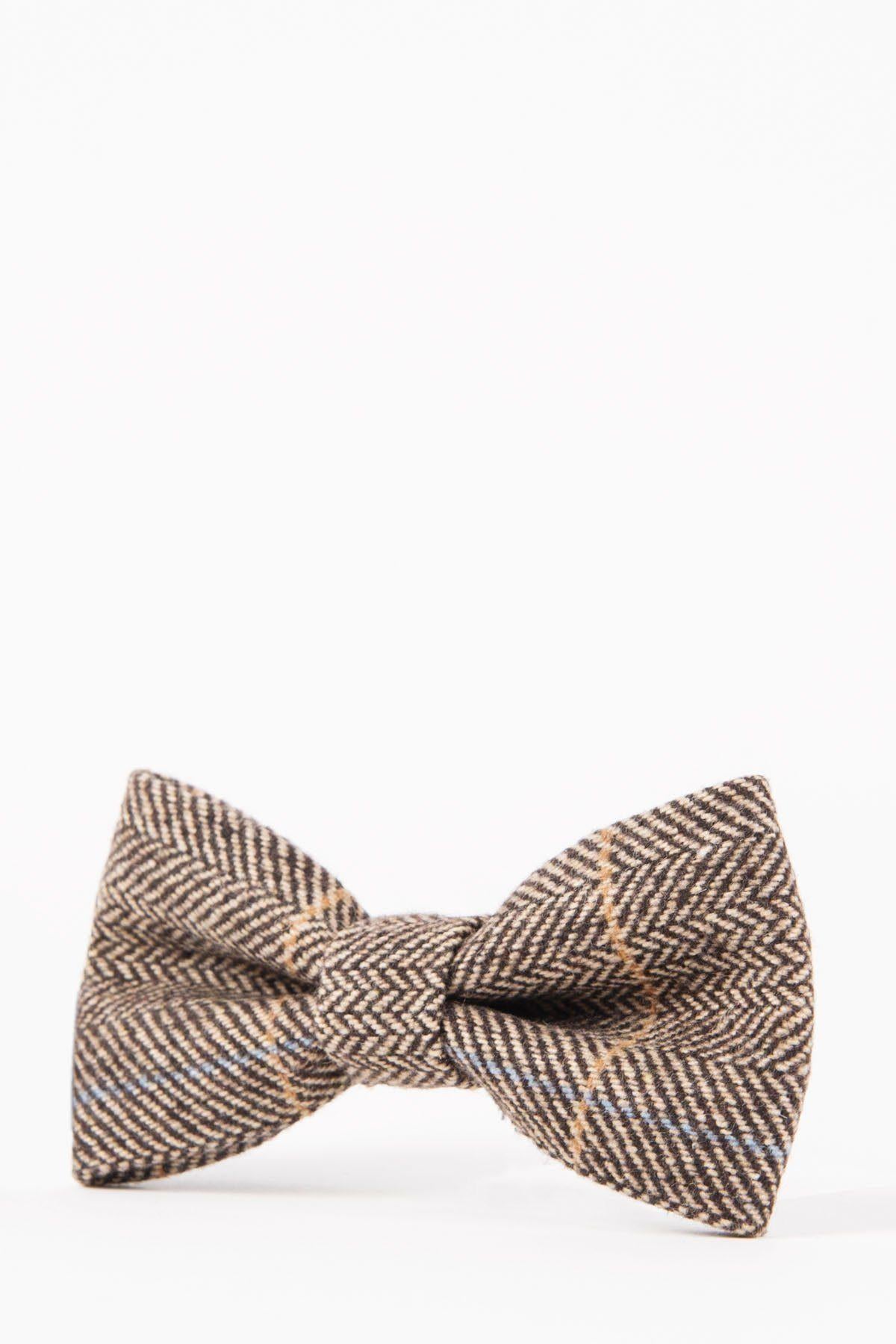 The Accessory TED - Tan Tweed Check Bow Tie, featuring a brown and beige check pattern, is shown against a plain white background.