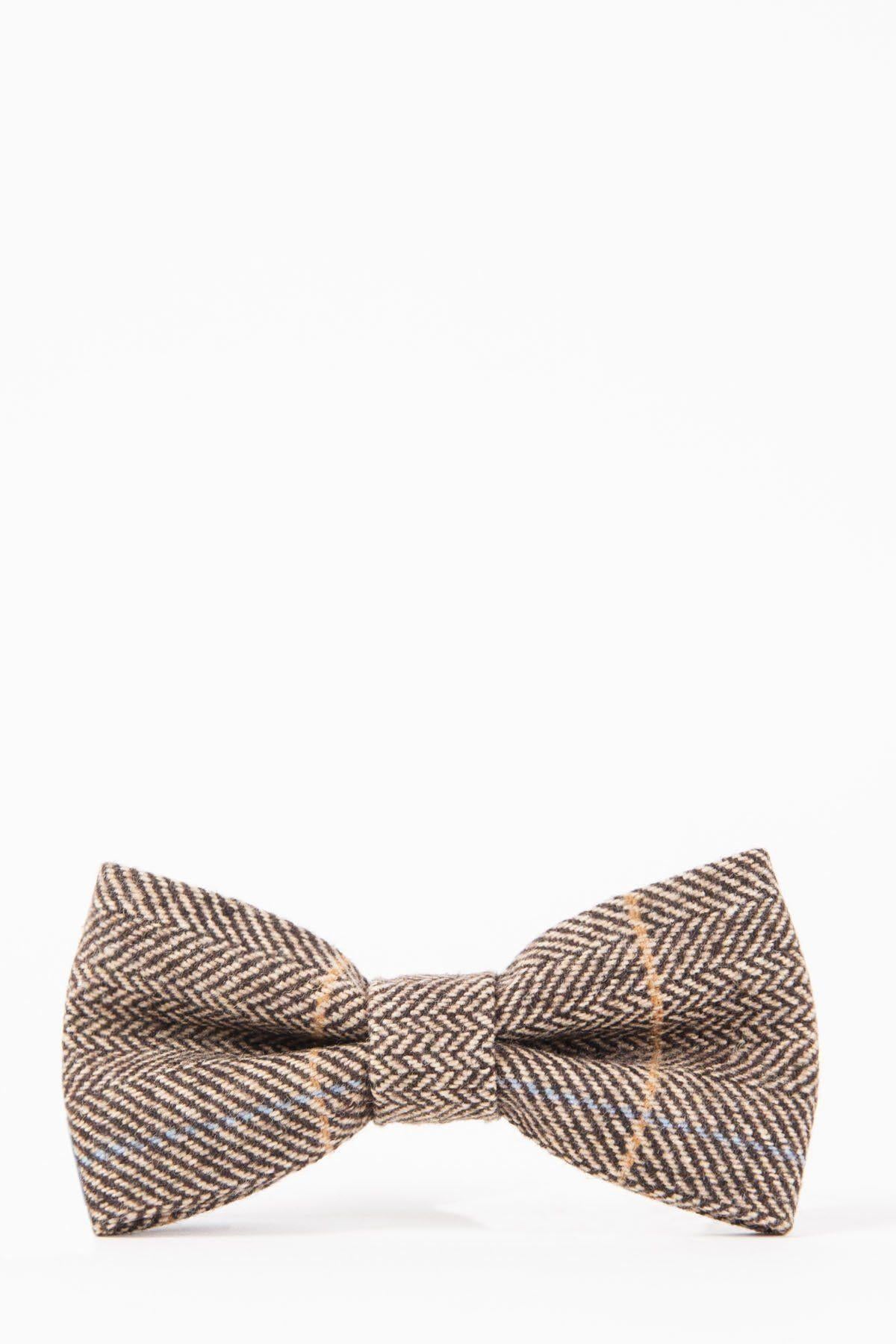 The Accessory TED - Tan Tweed Check Bow Tie features a brown herringbone pattern with subtle light stripes, shown against a plain white background.
