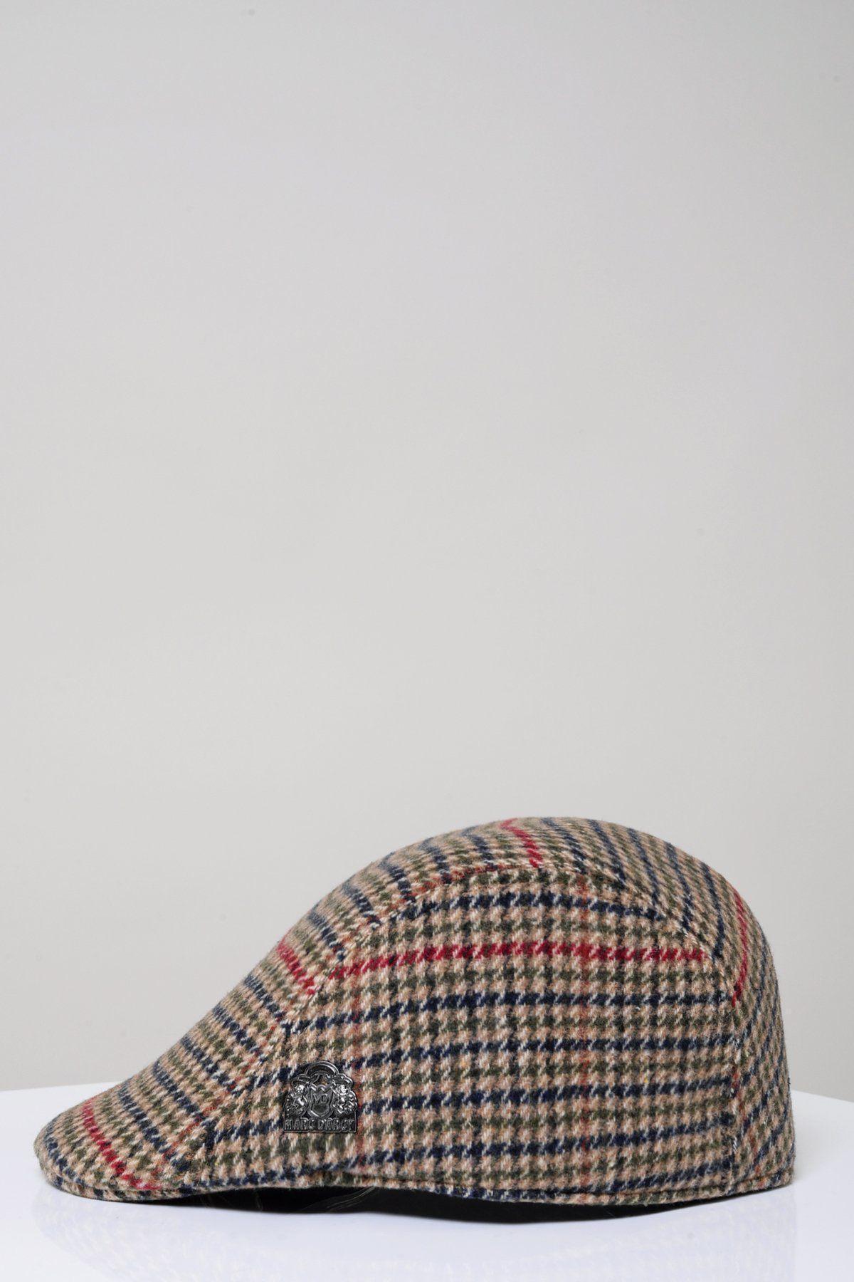 The Marc Darcy EDWARD Olive Green Check Tweed Flat Cap is shown against a plain light background, featuring a classic plaid pattern and a small metallic side badge inspired by Peaky Blinders style.