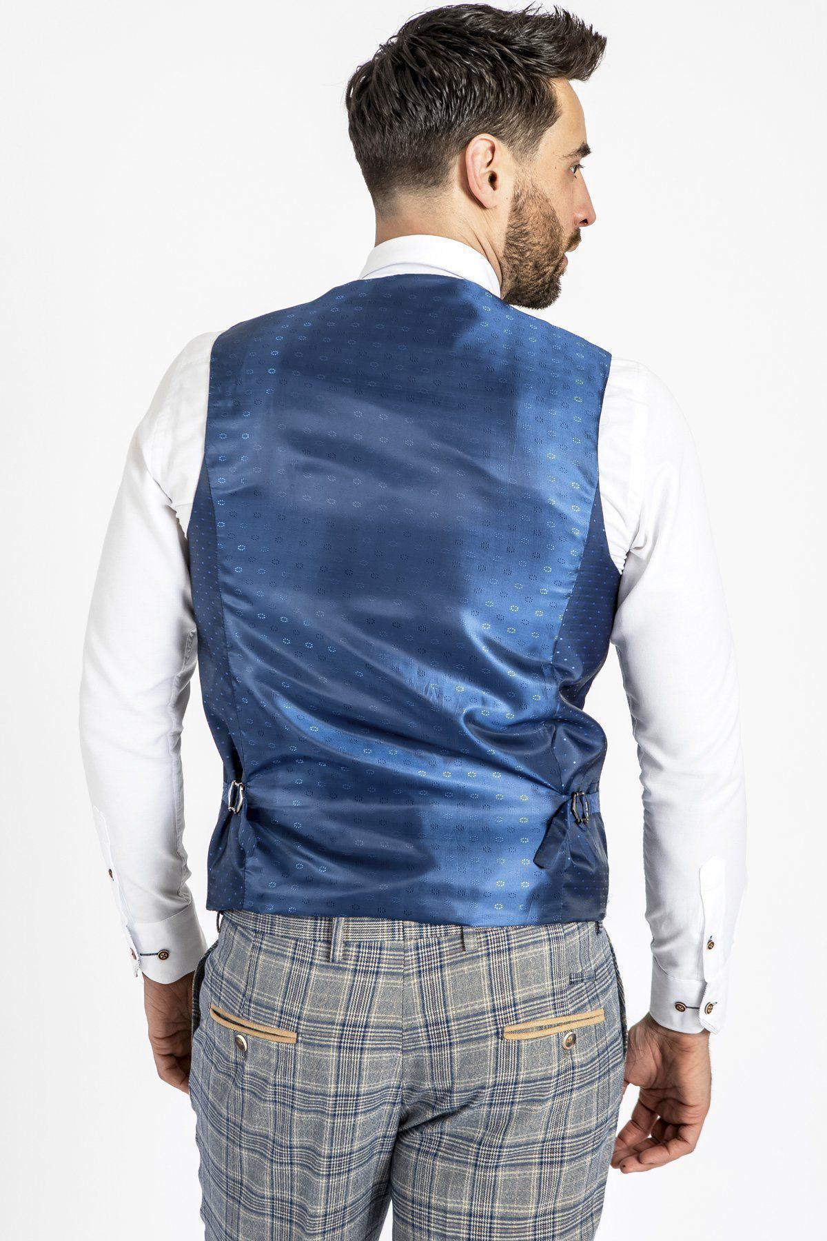 A man is shown from the back wearing a white dress shirt, marcdarcy ENZO - Sky Stone Check Tweed Single Breasted Waistcoat, and gray plaid trousers with tan accents on the back pockets.