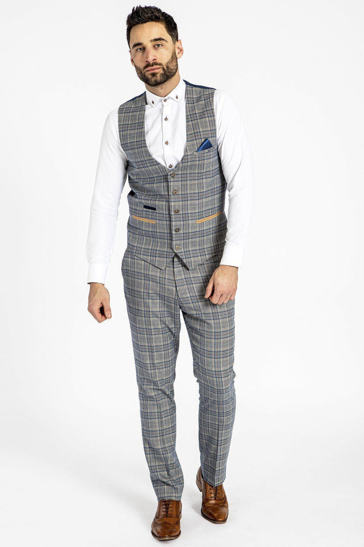 ENZO - Sky Stone Check Tweed Single Breasted Waistcoat