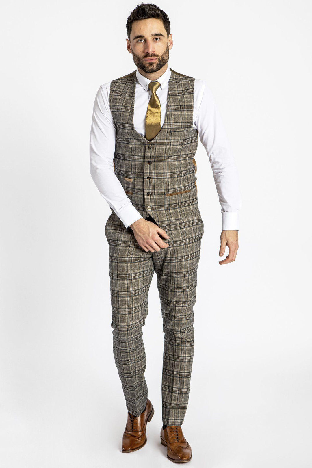 ENZO - Tan Check Tweed Single Breasted Waistcoat