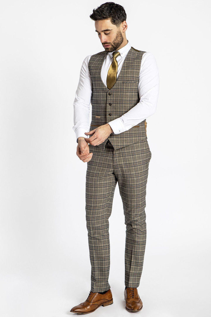 ENZO - Tan Check Tweed Single Breasted Waistcoat