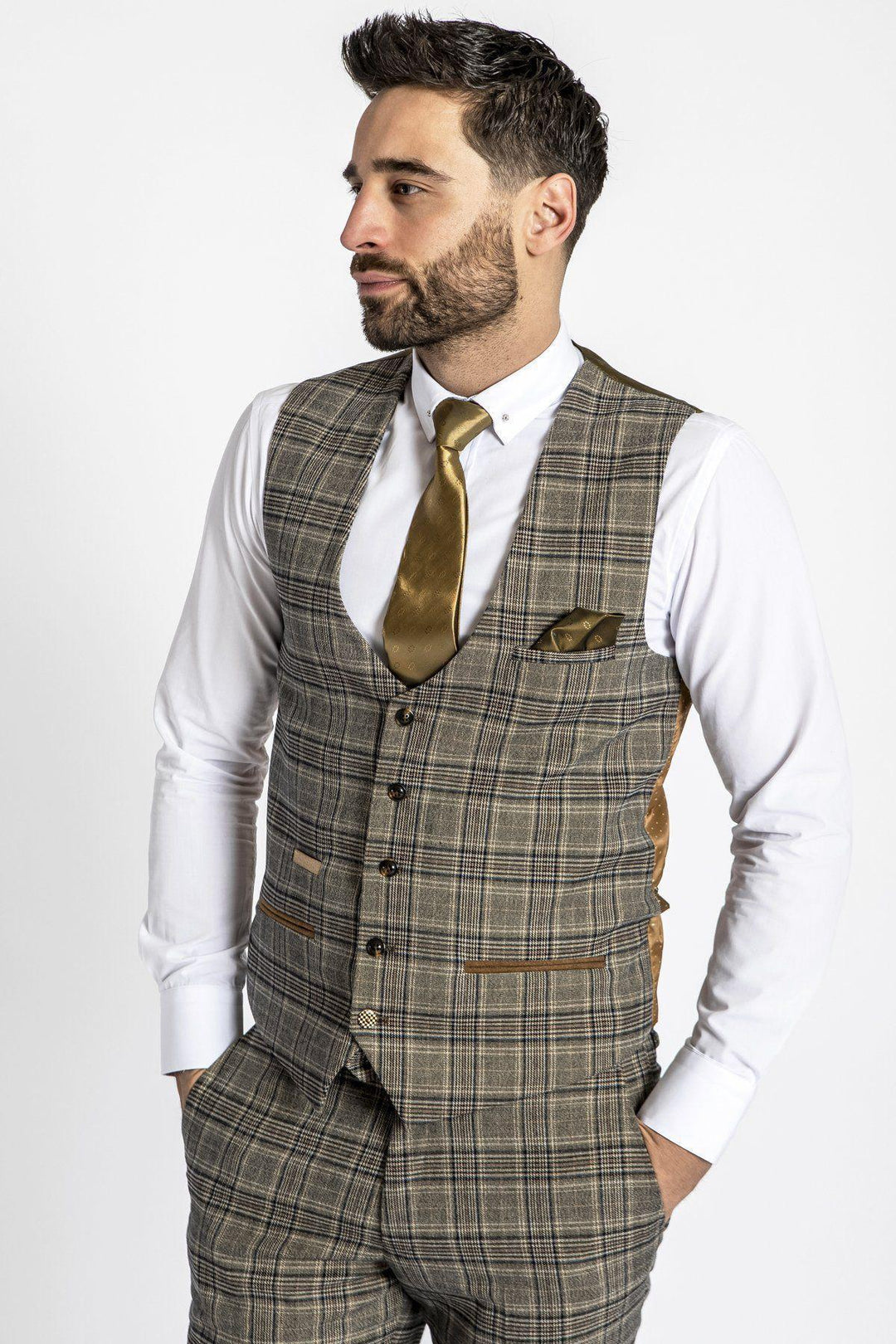 ENZO - Tan Check Tweed Single Breasted Waistcoat