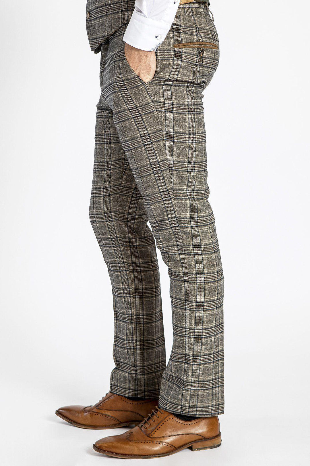 ENZO - Tan Check Tweed Trousers