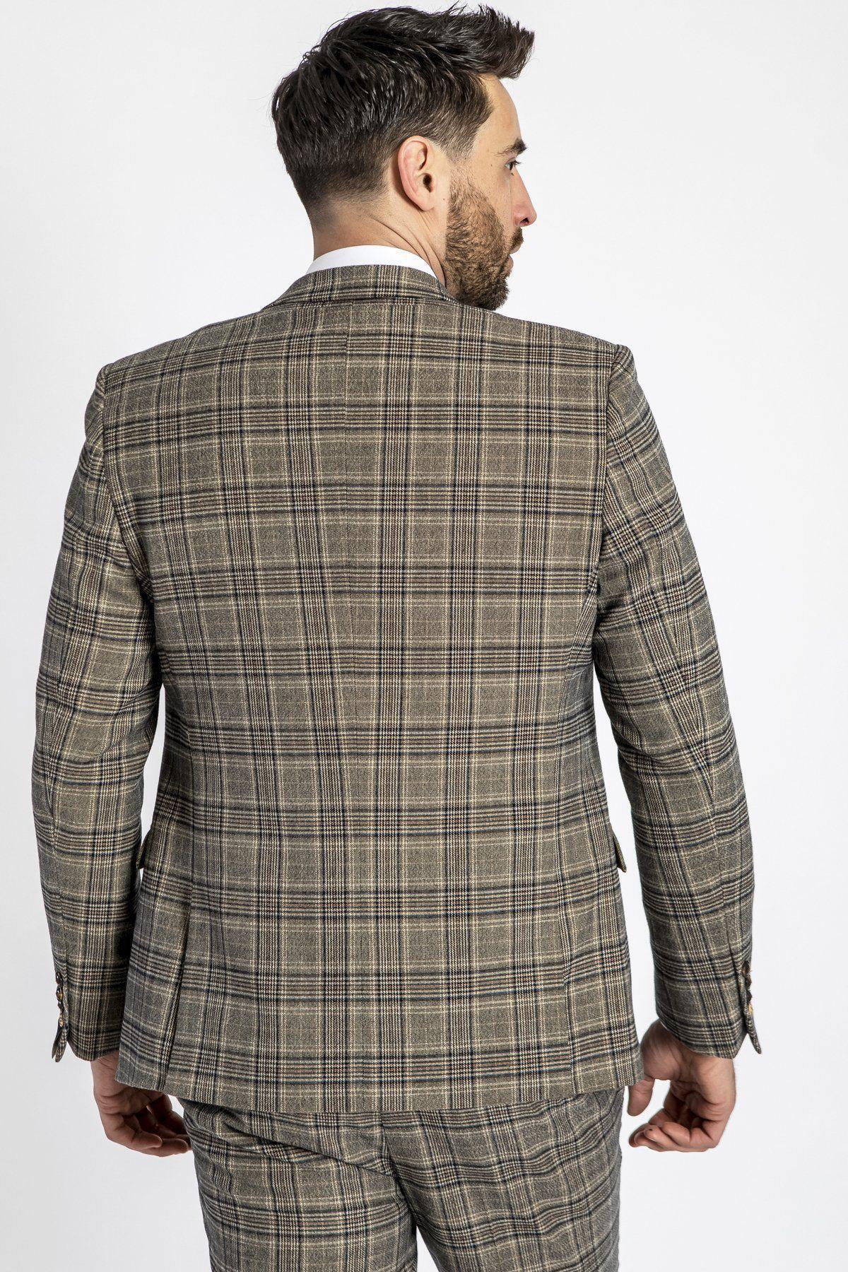 A man with short dark hair, seen from behind, wears the marcdarcy ENZO Tan Tweed Check Blazer and matching trousers against a plain white background.
