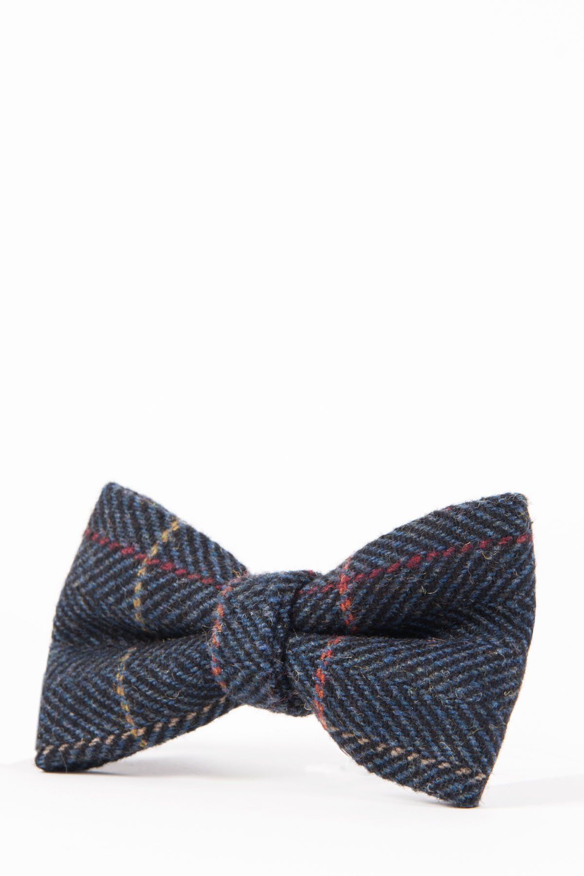 The ETON - Navy Blue Check Tweed Bow Tie by Accessory features red and yellow plaid lines, making it a classic choice for weddings or any special occasion.