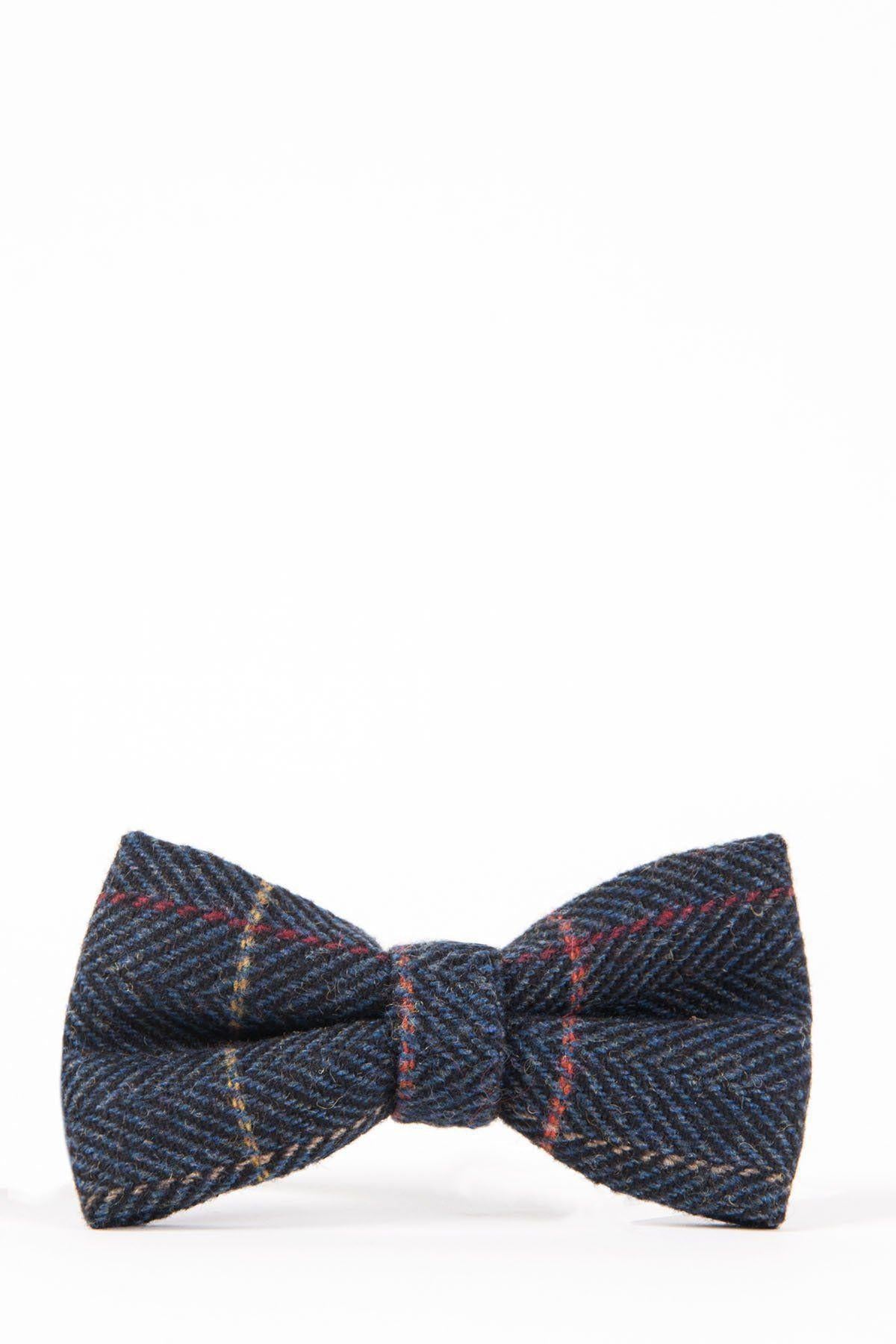 The ETON - Navy Blue Check Tweed Bow Tie by Accessory features a subtle plaid in red, yellow, and light blue for classic charm—ideal for weddings and shown on a plain white background.
