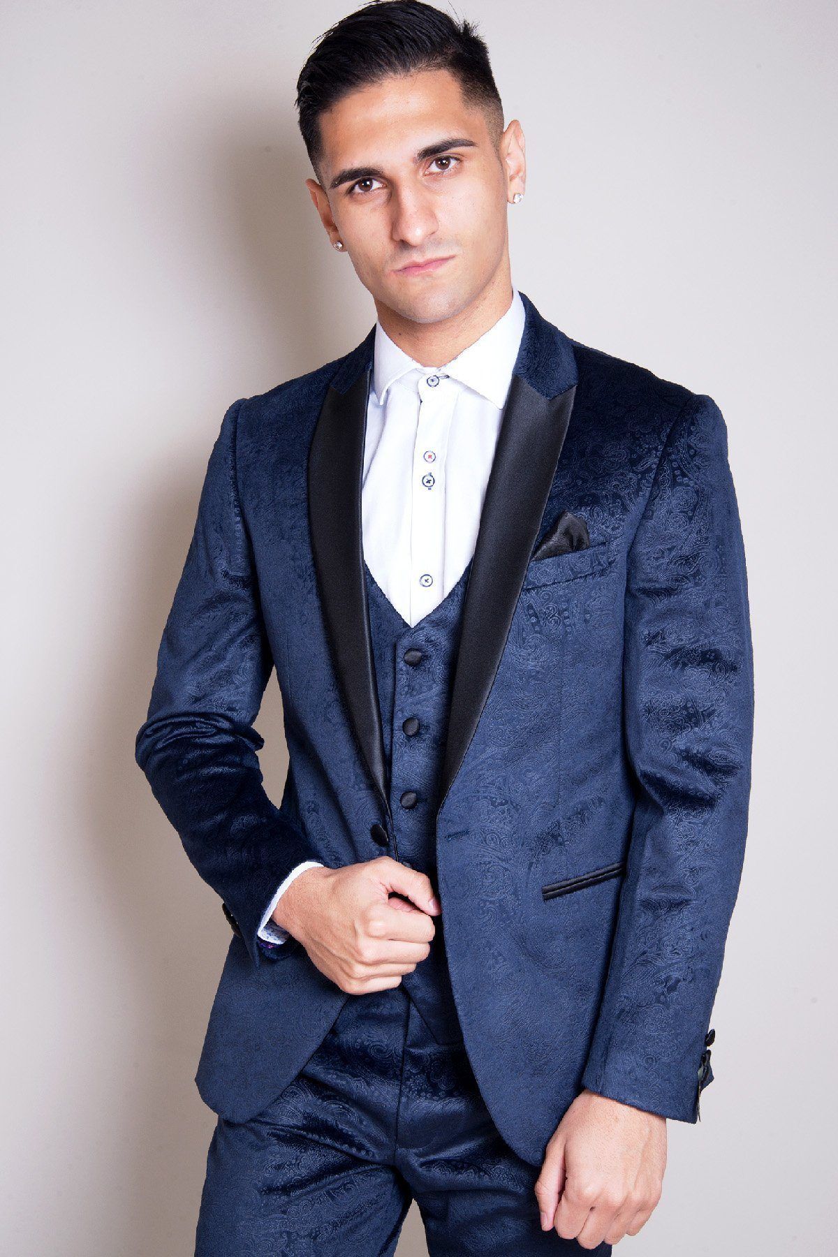 Will Mellor (Harvey Gaskell) from Coronation Street wears a Marc Darcy Simon velvet blazer and waistcoat, styled with a slim fit and crisp white shirt.