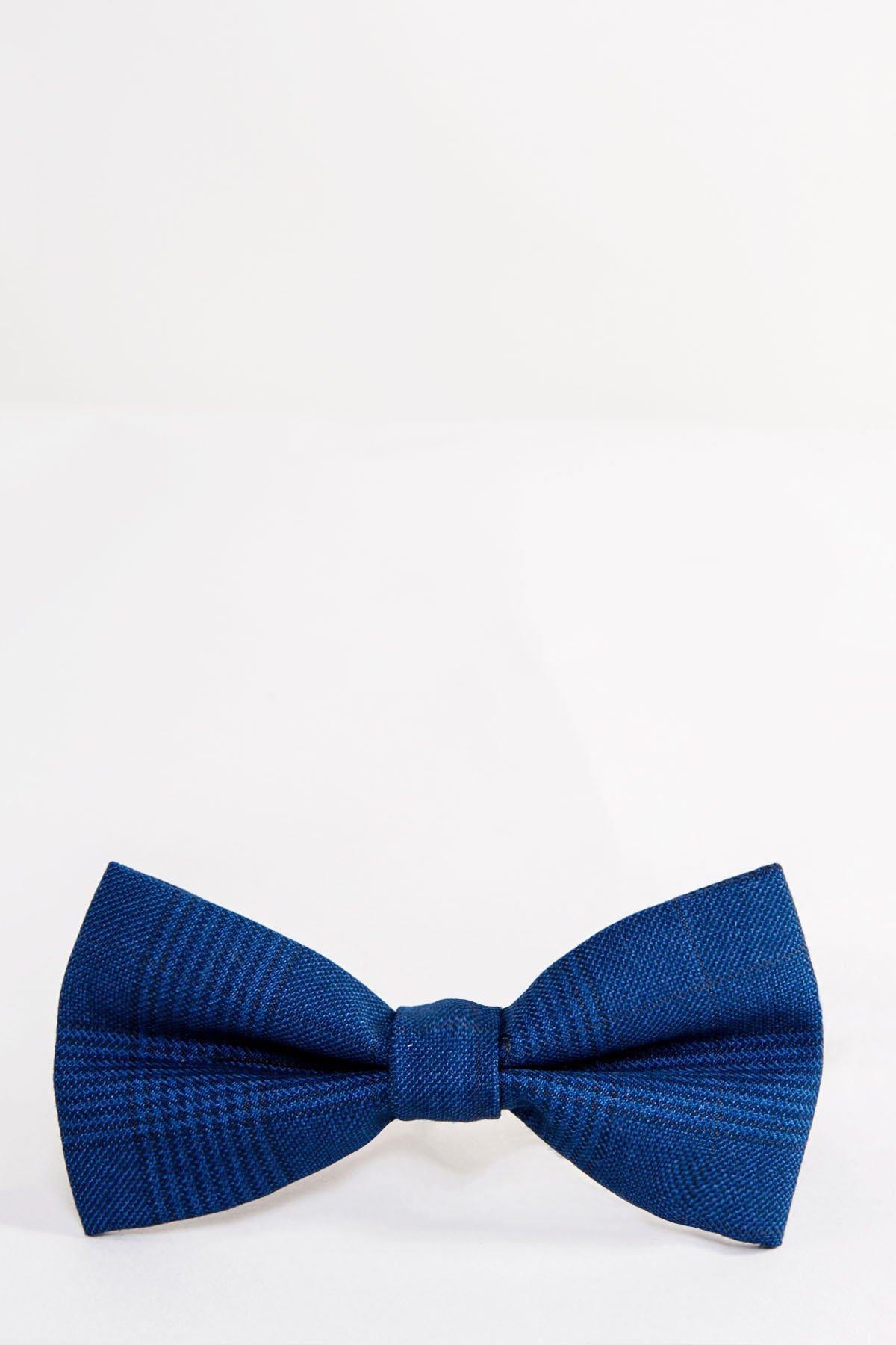 The Accessory GEORGE Royal Blue Check Bow Tie features a classic butterfly shape and subtle black checkered plaid, shown on a plain white background.