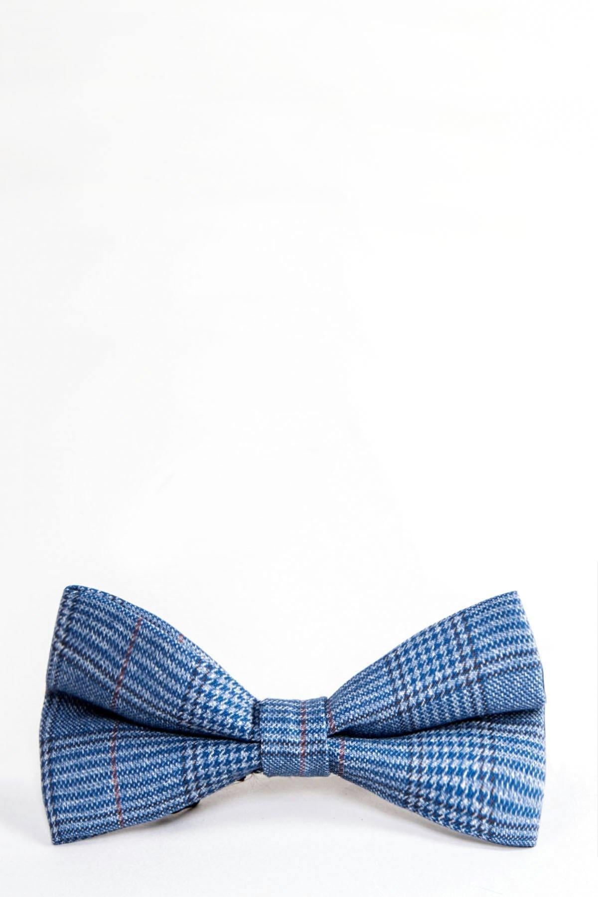 The GEORGE - Light Blue Check Bow Tie by Accessory features an elegant sky blue plaid design with subtle red and white lines, shown on a plain white background.