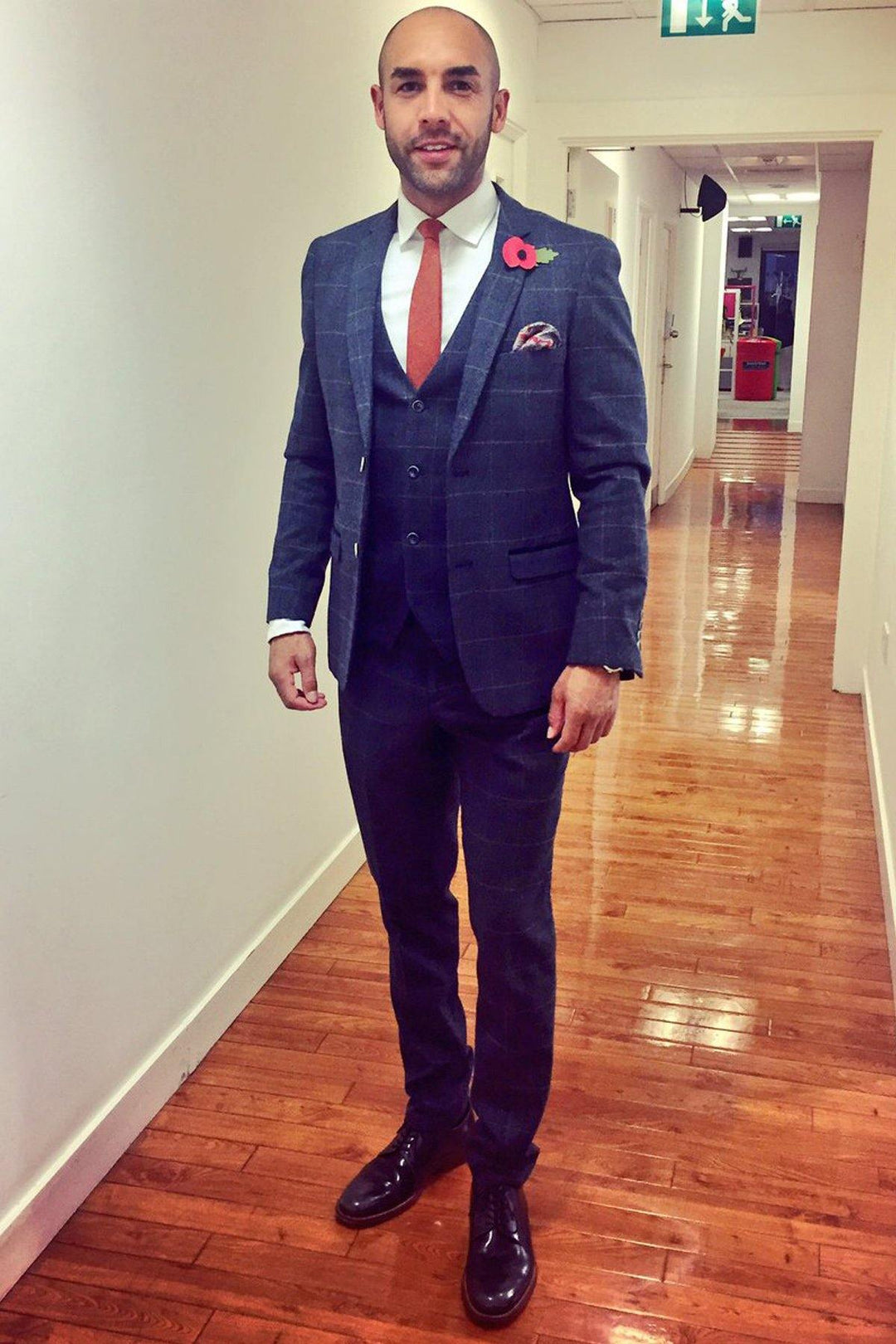 GMB Weather Presenter Alex Beresford in Scott Blue Tweed Check Suit