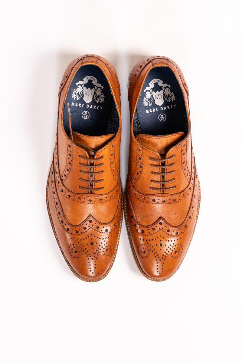 The GRAYSON Tan Leather Wingtip Brogue Shoe by Marc Darcy is shown against a white background.