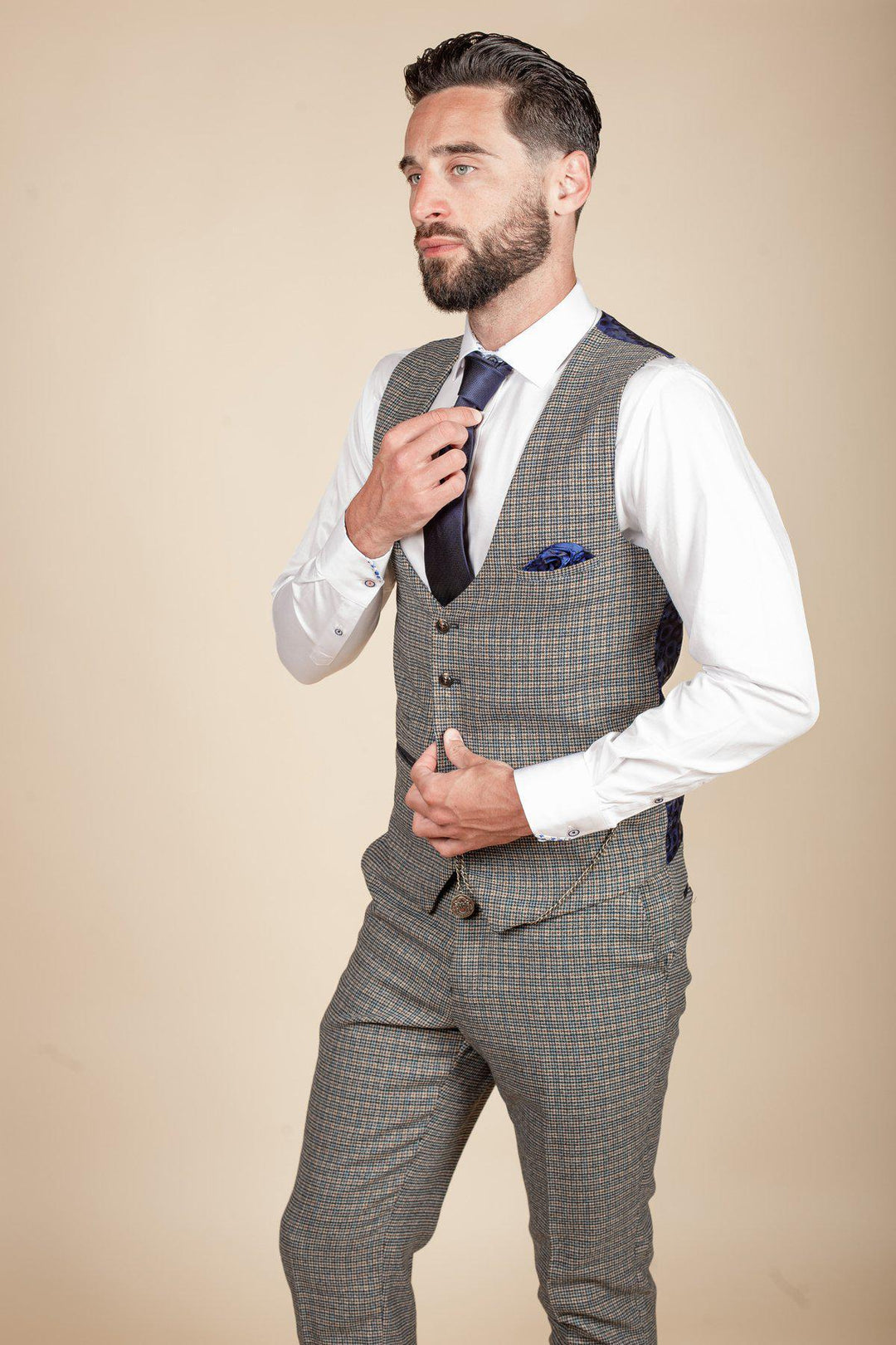 HARDWICK - Navy Tan Tweed Check Waistcoat