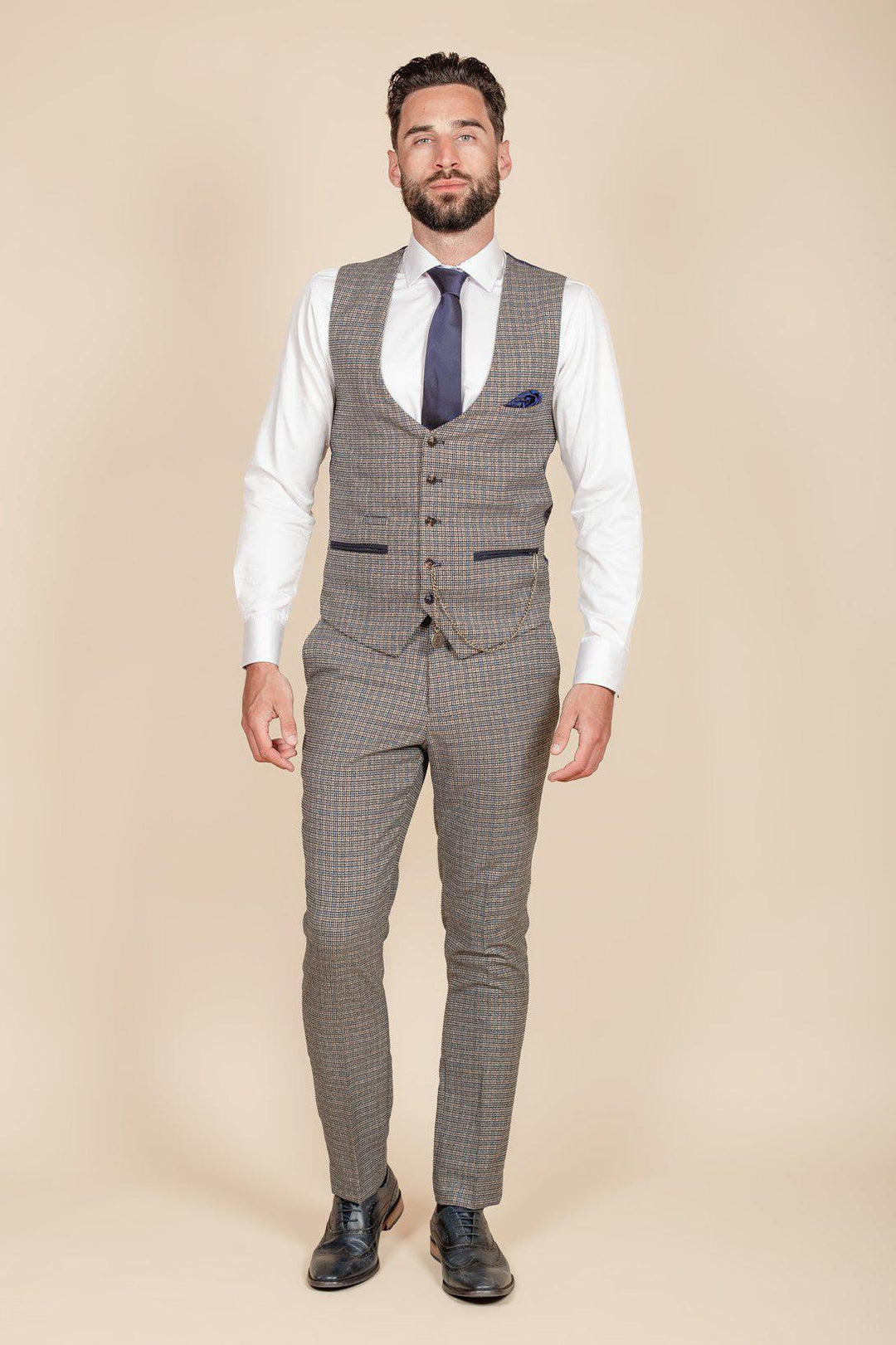 HARDWICK - Navy Tan Tweed Check Waistcoat