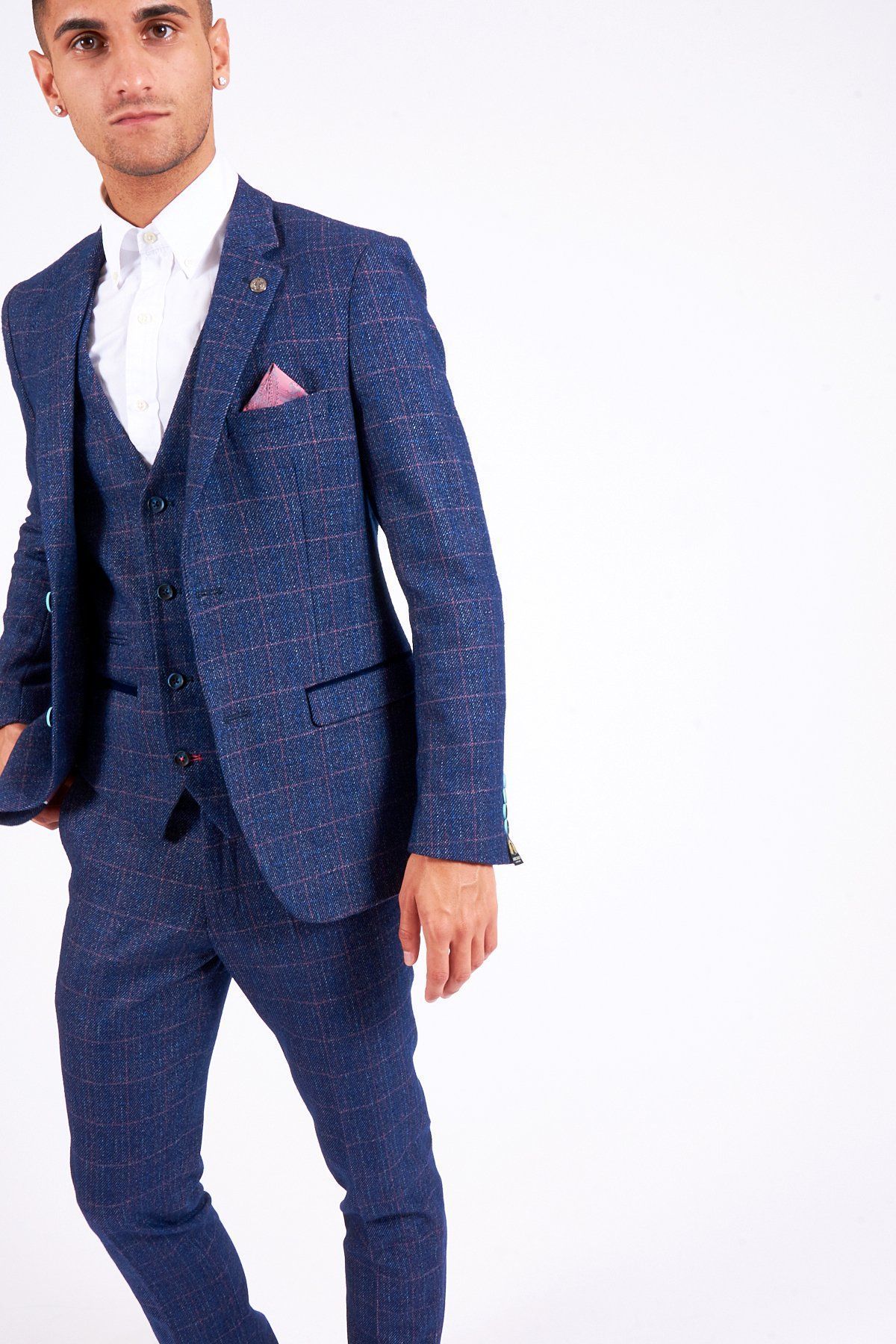 Man wearing the marcdarcy HARRY - Indigo Tweed Check Blazer paired with a white shirt and pink pocket square.