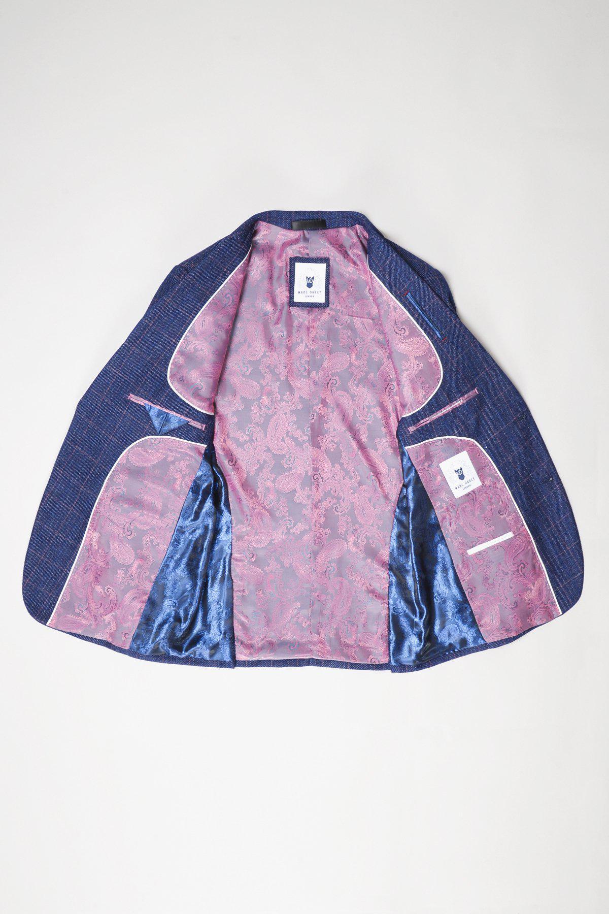 The HARRY - Indigo Tweed Check Blazer by marcdarcy features ornate blush pink paisley lining with blue satin accents and several inner pockets. Perfect for weddings, its detailed fabric adds a stylish touch.