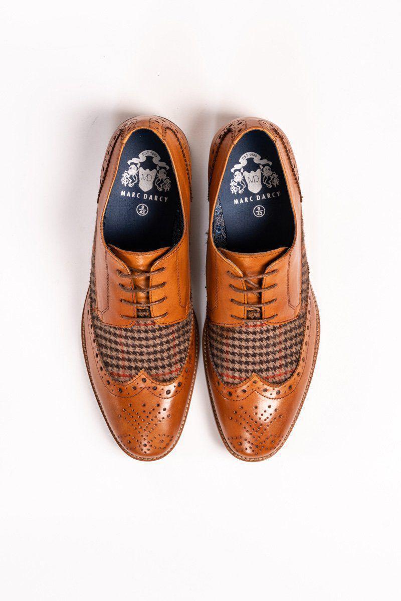 A pair of JACOB Tan Leather Tweed Contrast Brogue Shoes by Marc Darcy, viewed from above on a white background, featuring the white brand logo on the insoles—ideal as stylish groom’s shoes.