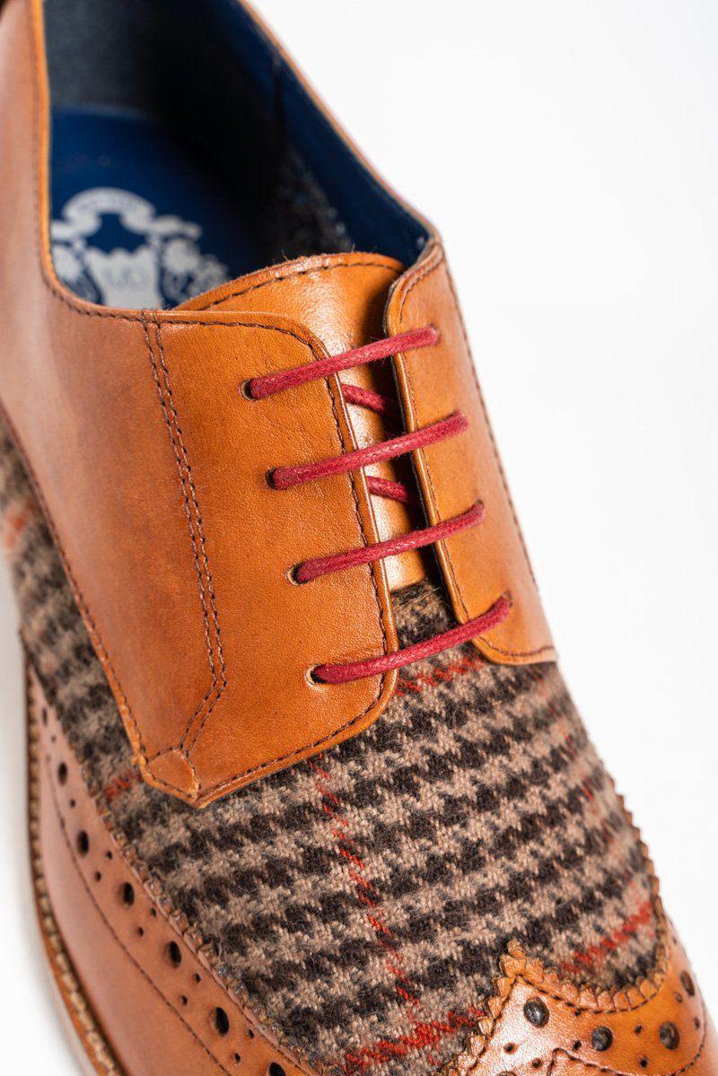 The Marc Darcy JACOB Tan Leather Tweed Contrast Brogue Shoe showcases brown full grain leather, tweed paneling, red accents and laces, decorative stitching, and a peek of blue lining—ideal as distinctive grooms’ shoes.